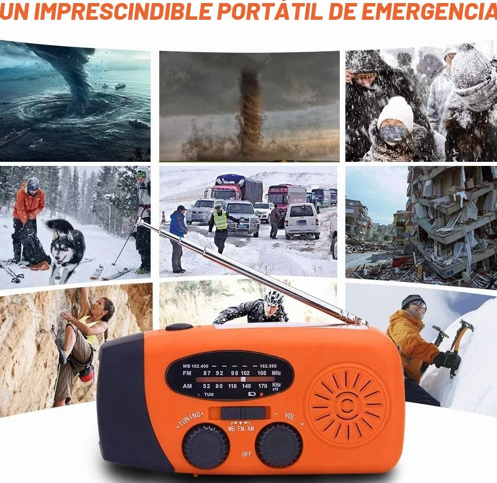 Radio Solar, Radio de manivela portátil Dynamo Radiocon Am/FM, con Linterna LED 2000mAh Recargable de Cuerda para Emergencia, Cargador de teléfono móvil USB para Acampar al Aire 2000 Mah