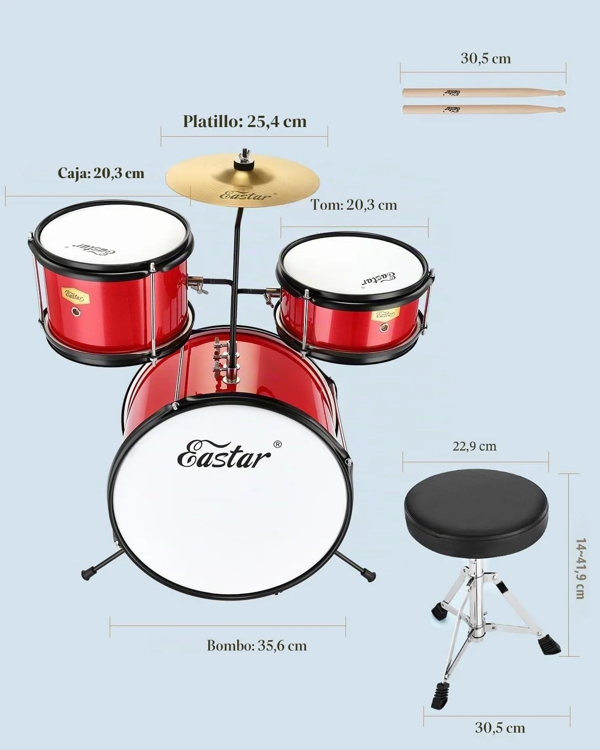 Eastar Drum Set 14 pulgadas para principiantes, 3 piezas Junior Drum Kit con Bass Tom Snare Drum, trono ajustable, platillo, pedal y dos pares de baquetas (rojo metálico)
