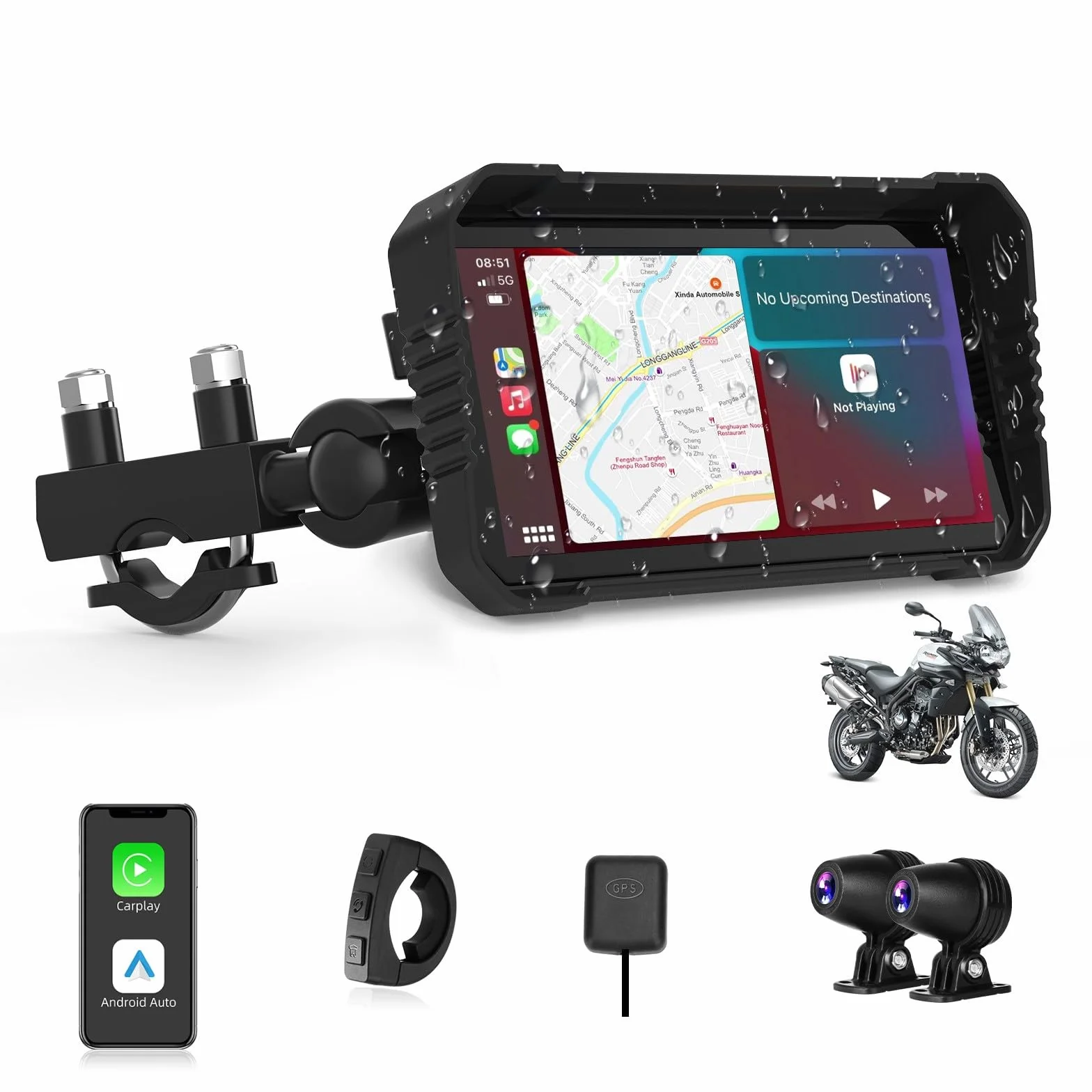 4K Carplay Moto Android Auto GPS Moto Navegador con dashcam Delantera Trasera, 6,25 Pulgadas Pantalla Moto TáCtil IP67 Impermeable Doble Bluetooth Siri/Goo.gle Assistant
