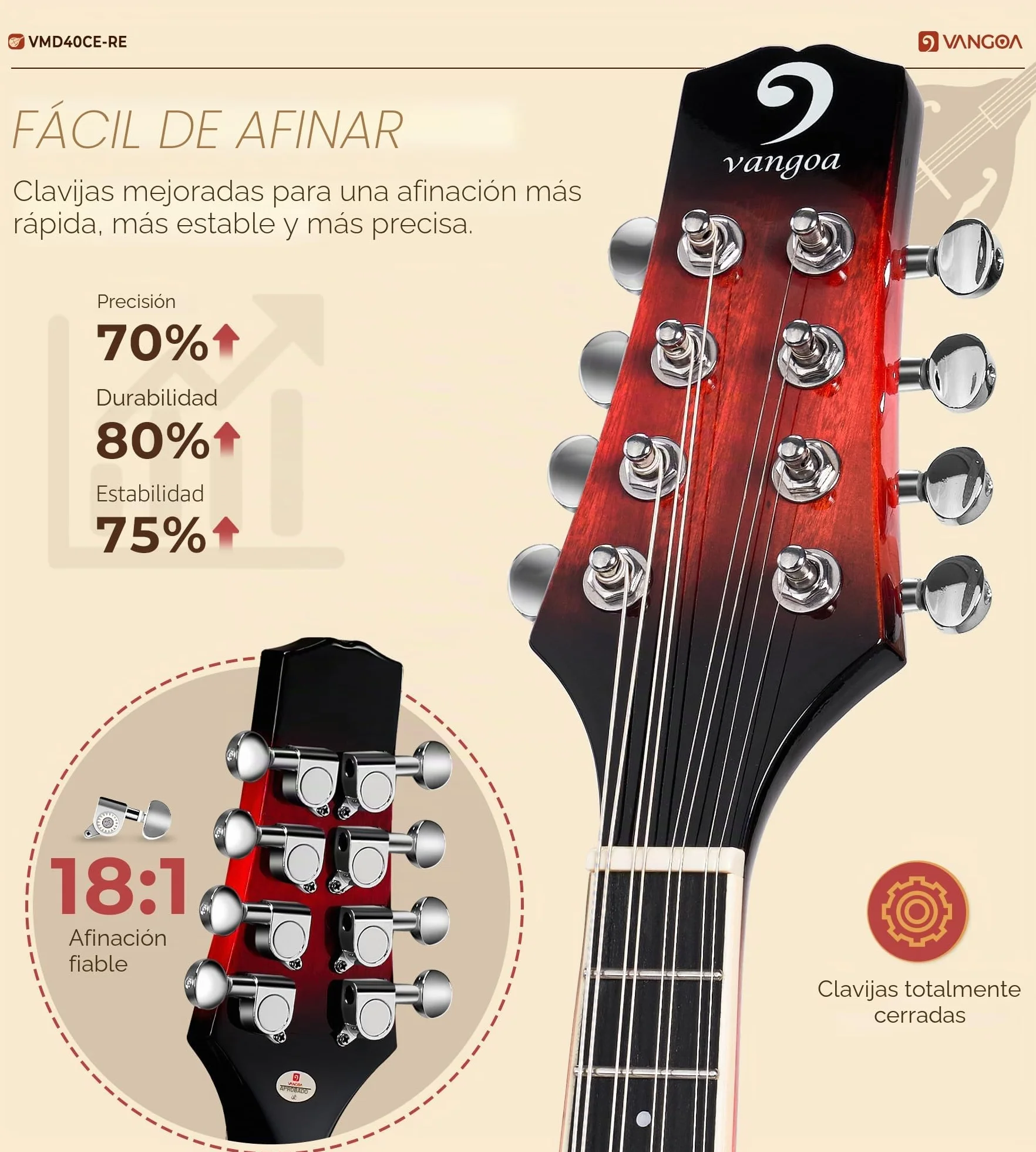 Vangoa Mandolina Eléctrica Acústica de Estilo A Instrumento de Mandolina para Principiantes Caoba Rojo con Bolsa de Concierto, Púas, Correa de Sintonizador de Cuerdas