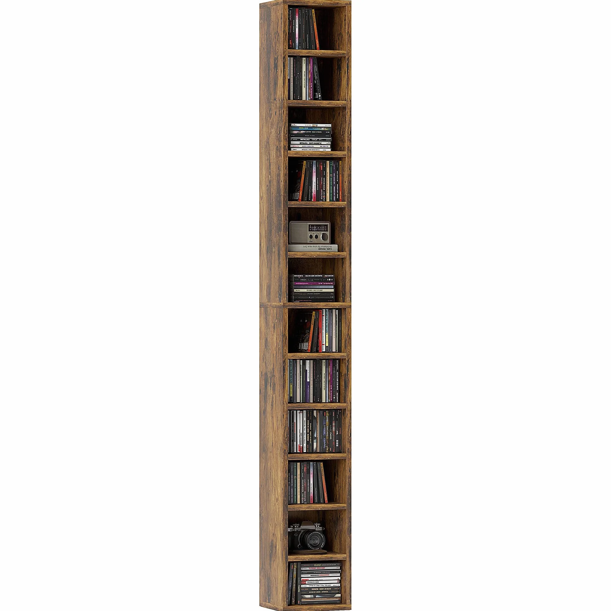 HOMCOM Unidad de almacenamiento para 204 CD, torre de almacenamiento con 12 cubos, estantería de 175 cm de alto para sala de estar, oficina en casa, sala de estudio, marrón rústico