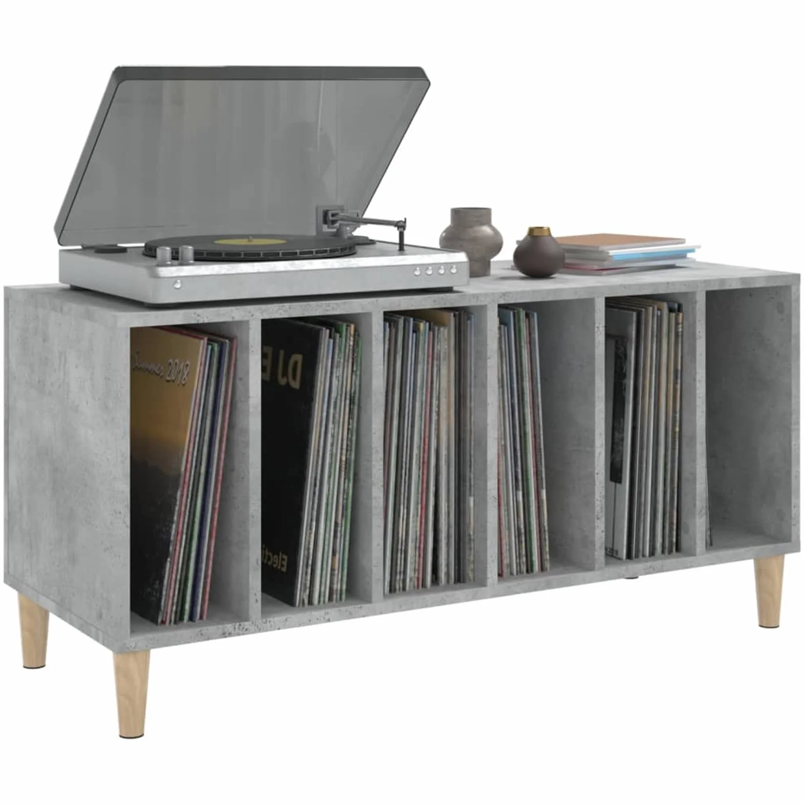 IKAYAA Mueble de Discos de Madera 100x38x48 cm, Tocadiscos de Vinilo Stand, Estanteria CD, Mueble para Discos y Vinilos, Gris Hormigón