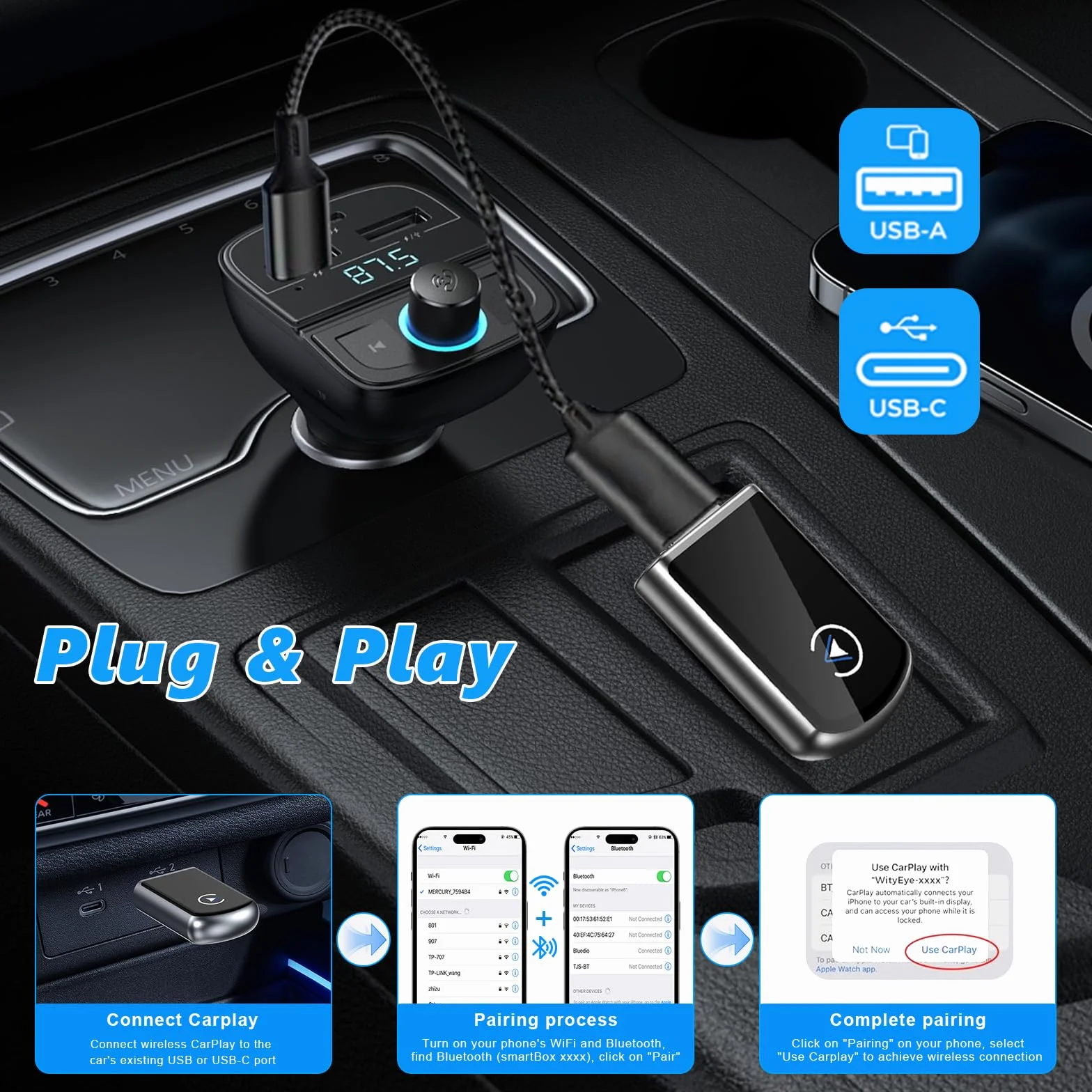 Adaptador CarPlay Inalámbrico, USB C/A Plug and Play, 2025 Upgrade CarPlay Dongle Convierte Cable a Inalámbrico para iPhone, Compatible con Apple iPhone iOS 10+, para Coches con CarPlay