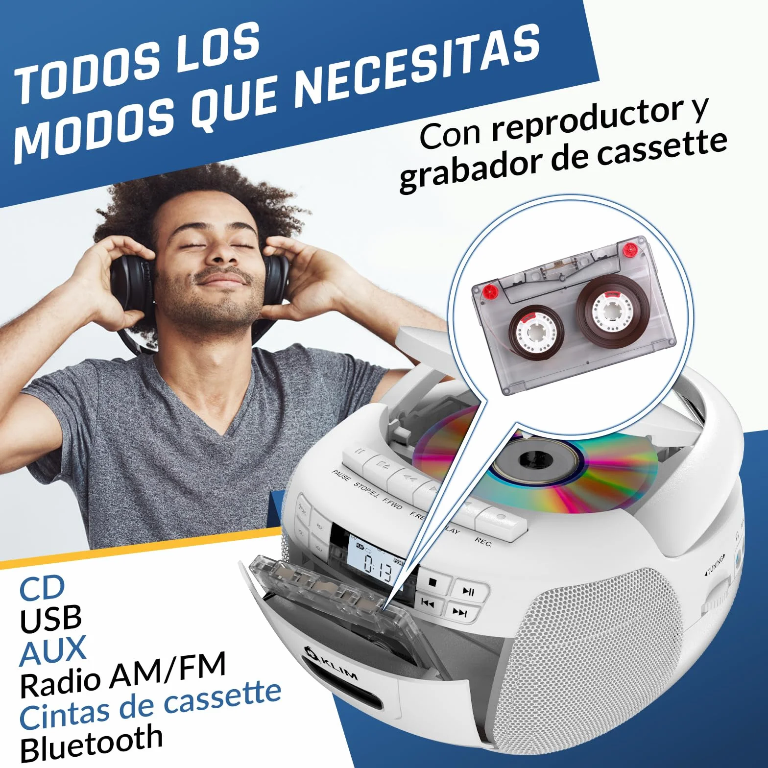 Reproductor CD Cassette KLIM con Radio AM/FM y Bluetooth, USB, AUX, Grabación en Cinta, Control Remoto - Blanco