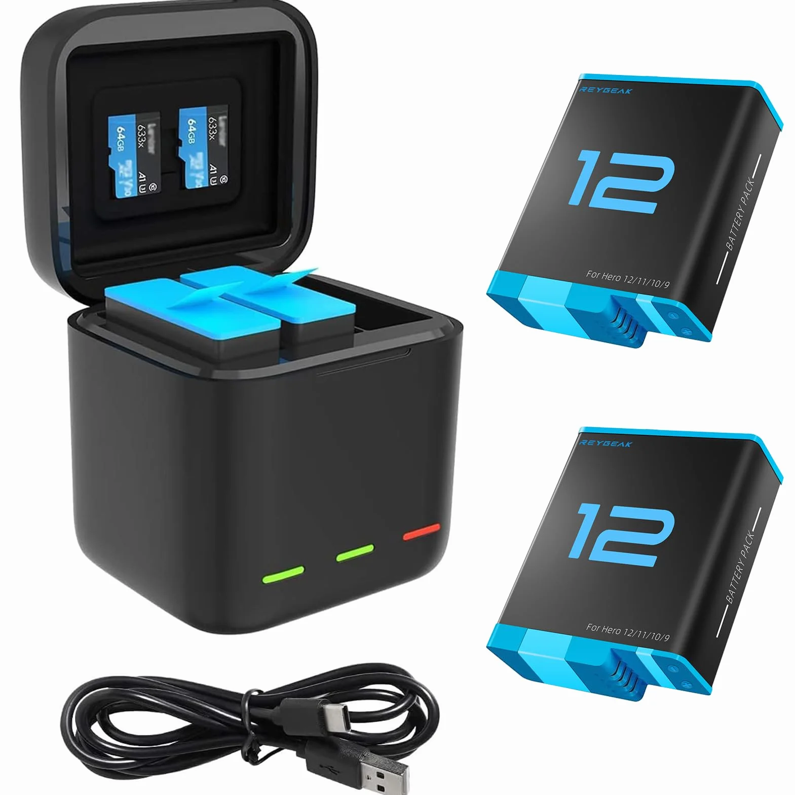 REYGEAK Hero 12/11/10/9 Cargador Triple y Caja de Almacenamiento de Batería Con 2 Baterías Recargables de Iones de Litio Para GoPro (Cargador + 2 Baterías)