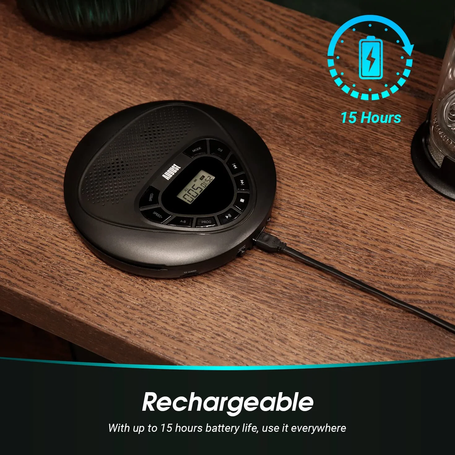 August SE10 Reproductor de CD Portátil con MP3, Batería Recargable, AUX, Anti-Shock