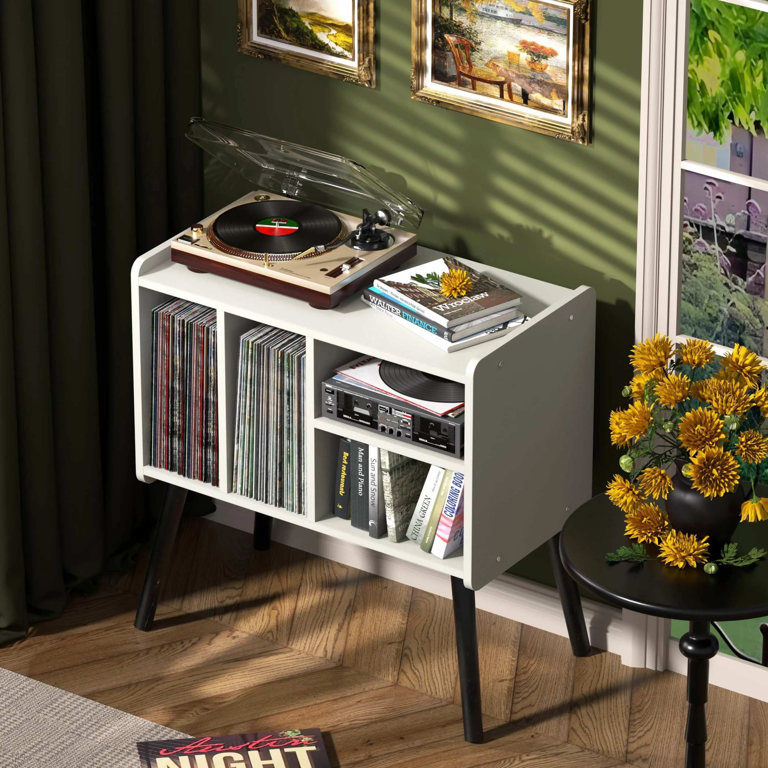 Tocadiscos de mediados de siglo con almacenamiento de vinilo para hasta más de 150 álbumes, armario de vinilo con estantes ajustables, color blanco