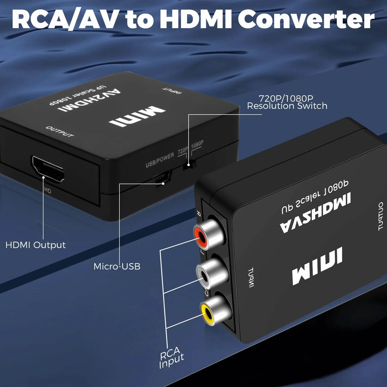 Jewan Convertidor RCA a HDMI, Adaptador AV a HDMI, 1080P RCA Compuesto CVBS Video Convertidor de Audio con Cable de Alimentación USB para PS2/SNES/VHS/Xbox/PS4/TV/VCR/DVD/Wii/Soporta PAL/NTSC