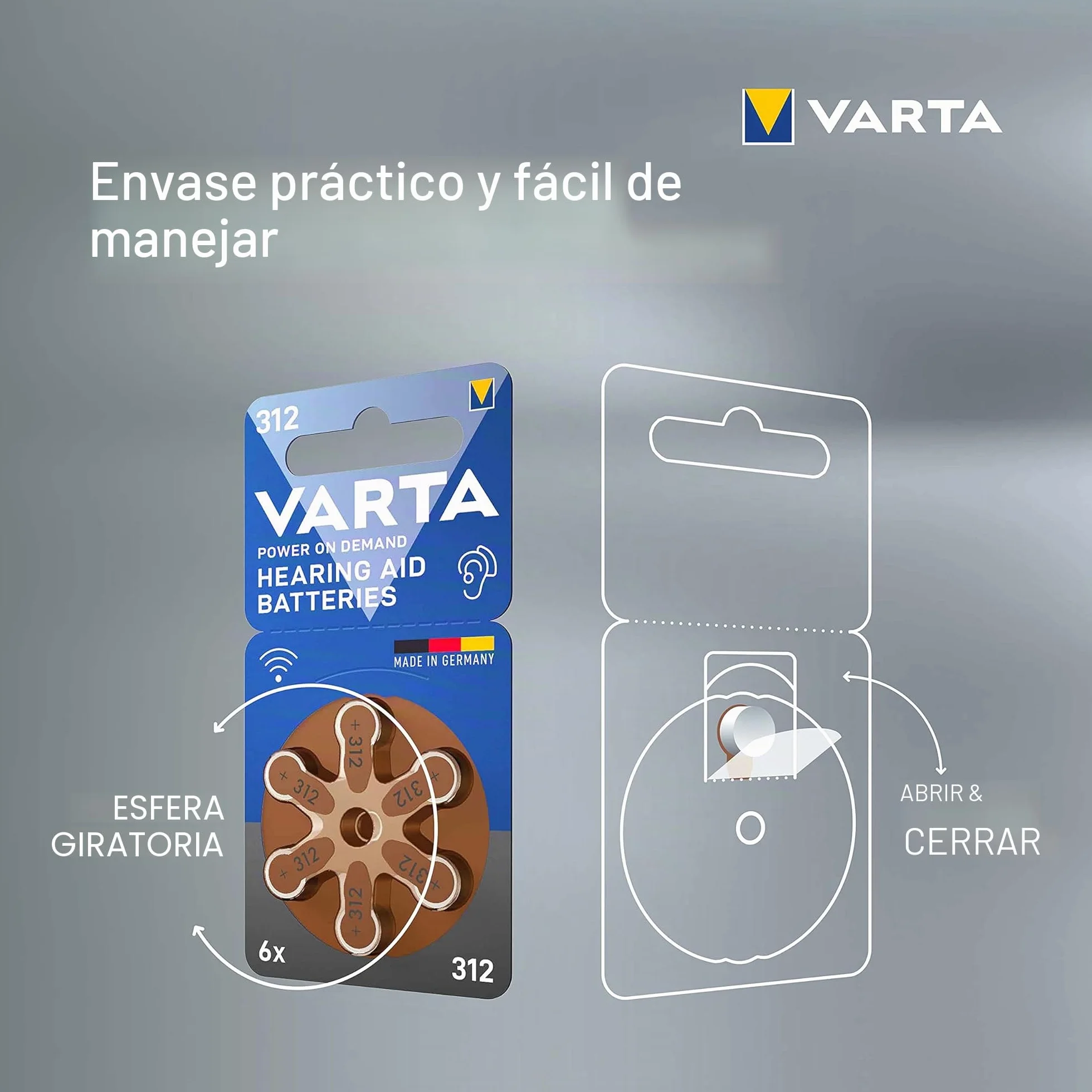 VARTA Pilas para aparatos auditivos tipo 312 marrón, paquete de 60, Power on Demand, Made in Germany