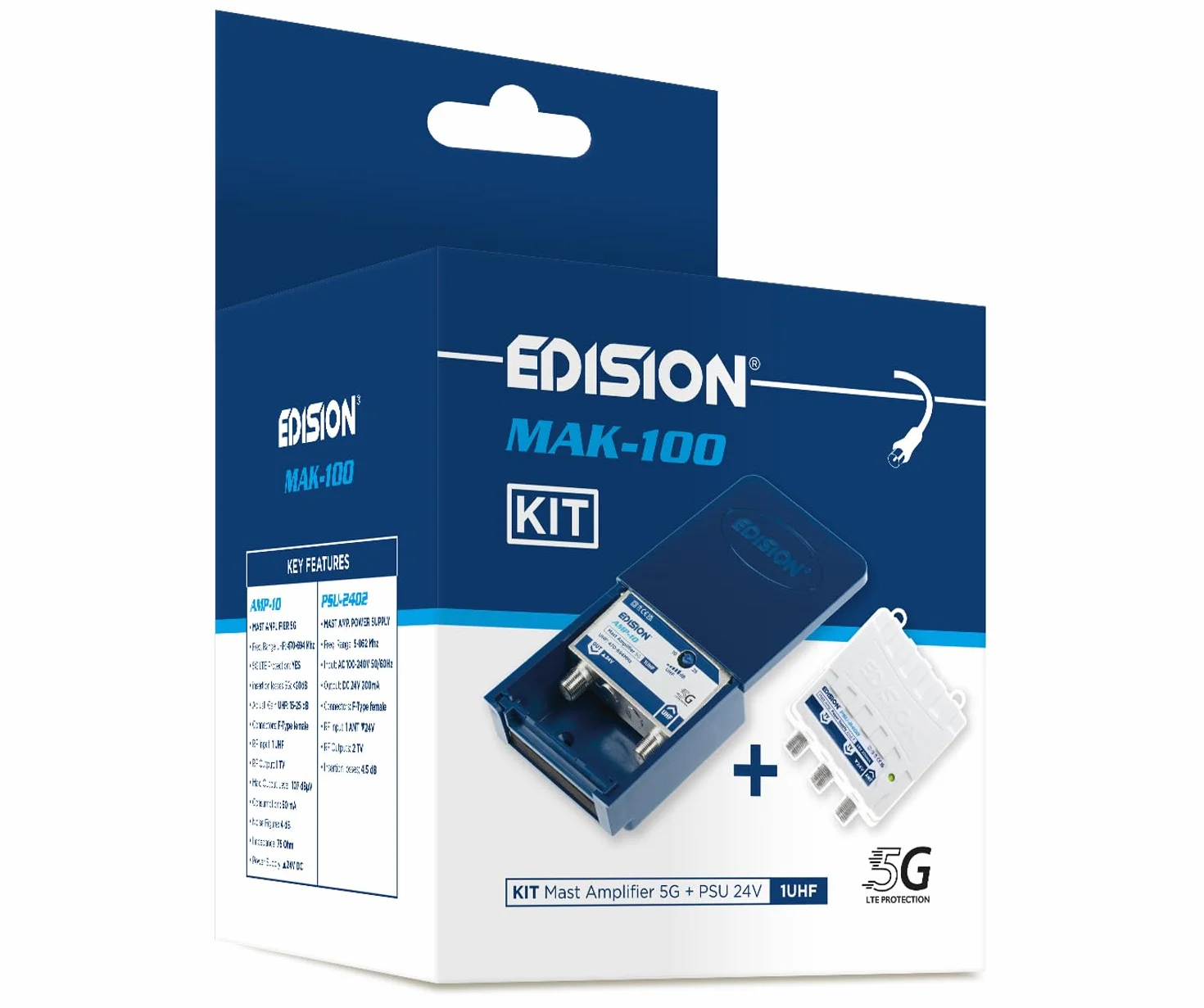 EDISION MAK-100 Kit: Amplificador Antena TV de mástil 1UHF, 10-25db, 107dBmV, 24V, para Digital Terrestre DVB-T/T2, con Filtro 5G LTE, + Fuente de Alimentación 24V 200mA F 2 Salidas