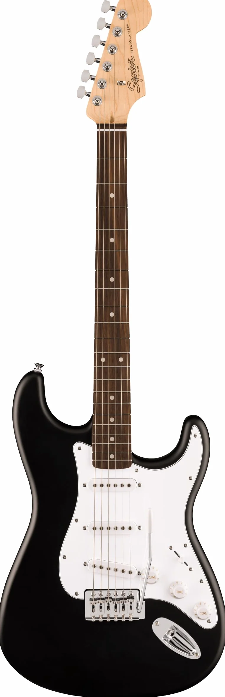 Una guitarra eléctrica Squier Stratocaster Serie Debut, amplificador Frontman 10G, funda acolchada, correa, cable, púas, soporte para guitarra, afinador de clip y un pack de cuerdas adicionales.
