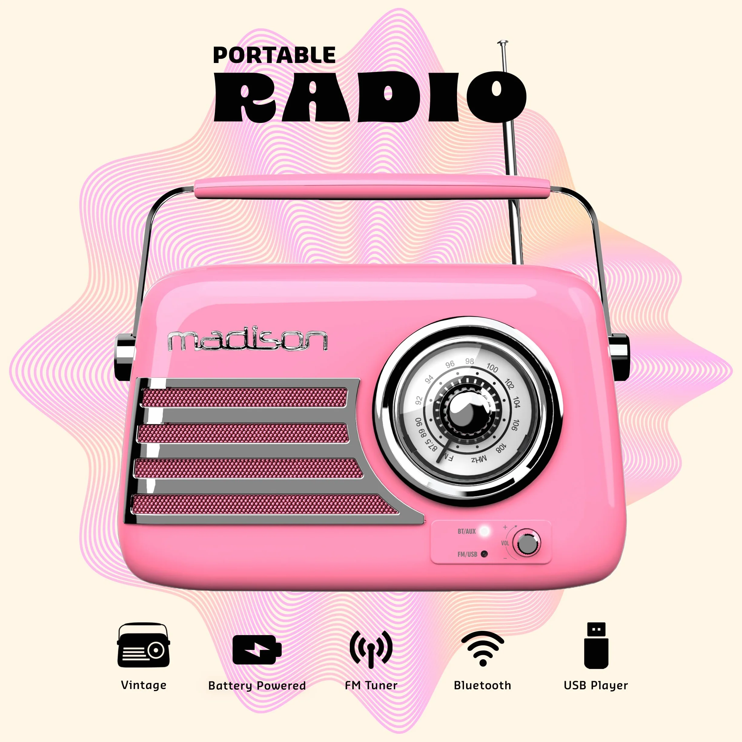 Madison FREESOUND-VR40P Radio a batería Vintage 30W Bluetooth USB FM Rosa