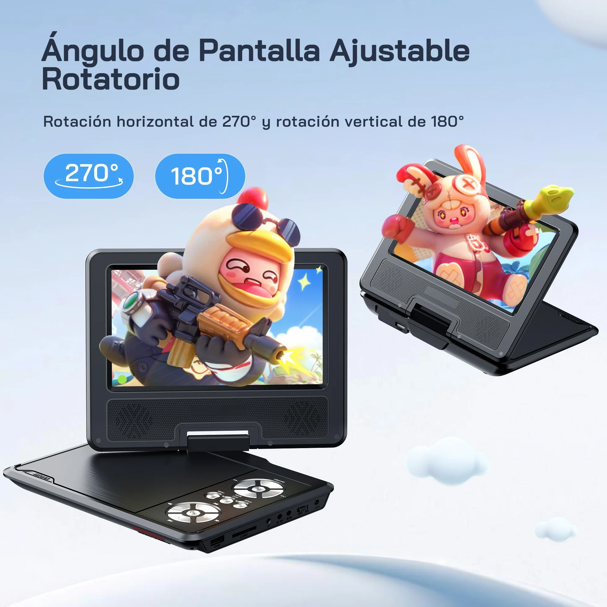 WOLFANG Reproductor de DVD Portátil 9,5 Pulgadas para Coche Pantalla HD Giratoria 7,5 Pulgadas Altavoces Estéreo 6h Autonomía