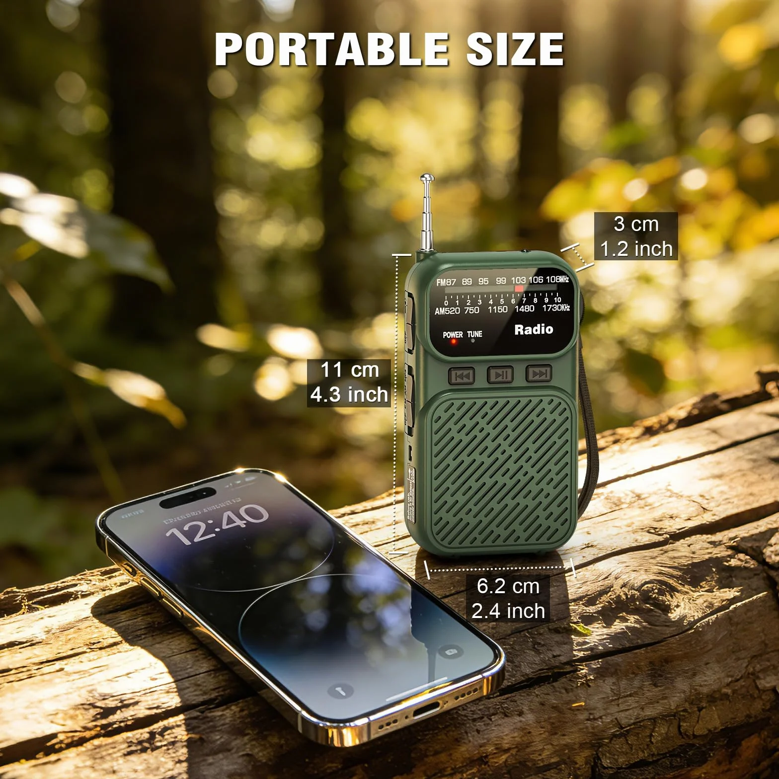 Tendak Radio Portátil AM/FM/FM Bluetooth, Mini Radio con Batería 1200 mAh, Pilas AAA, Carga USB-C, Lámpara TF (Verde)