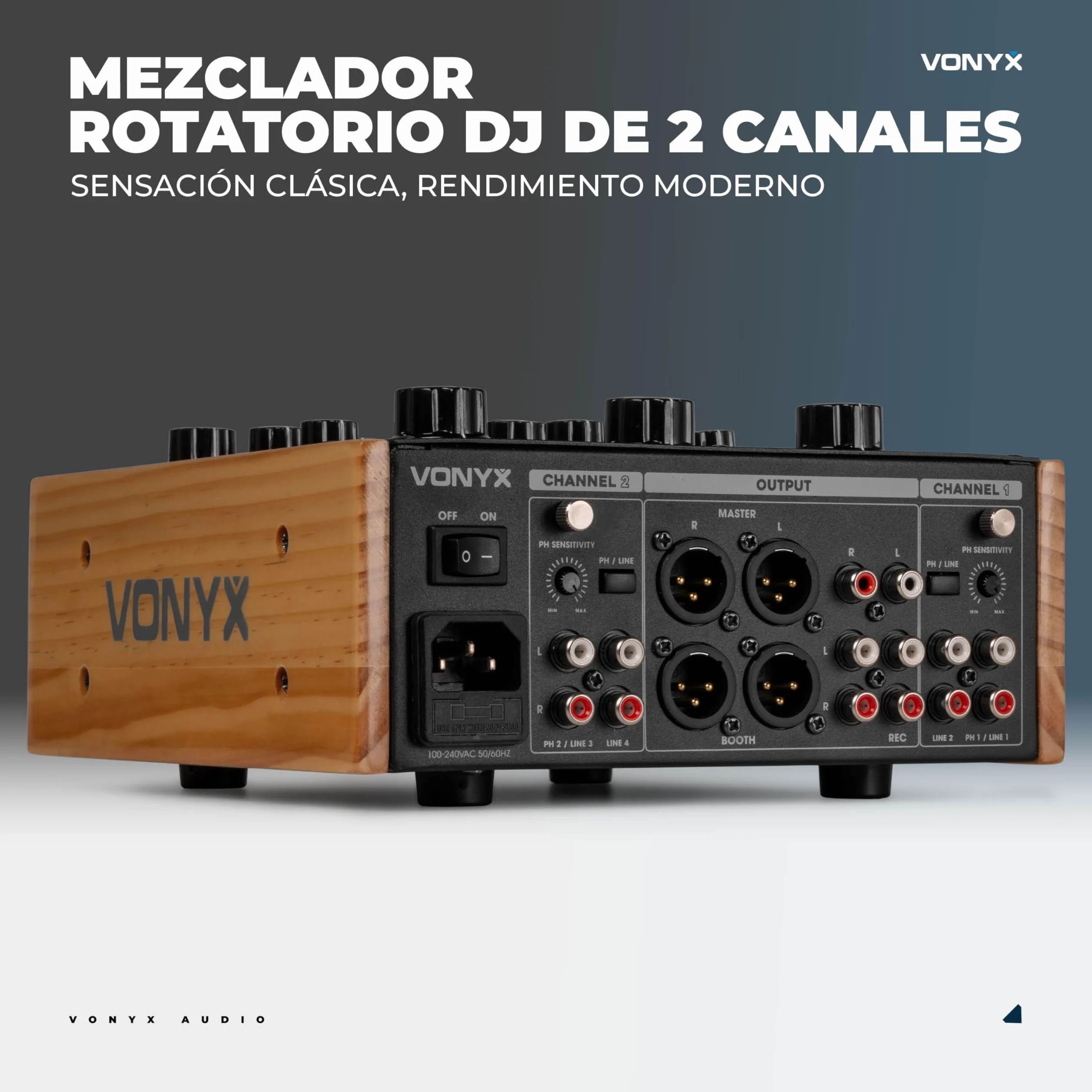 Vonyx VDJ250 – Mezclador DJ analógico 2 Canales con EQ entradas RCA Salida XLR Booth Rec para Tocadiscos y Reproductores diseño Retro Compacto Mixer DJ analogico DJ Booth Mixer vdj250