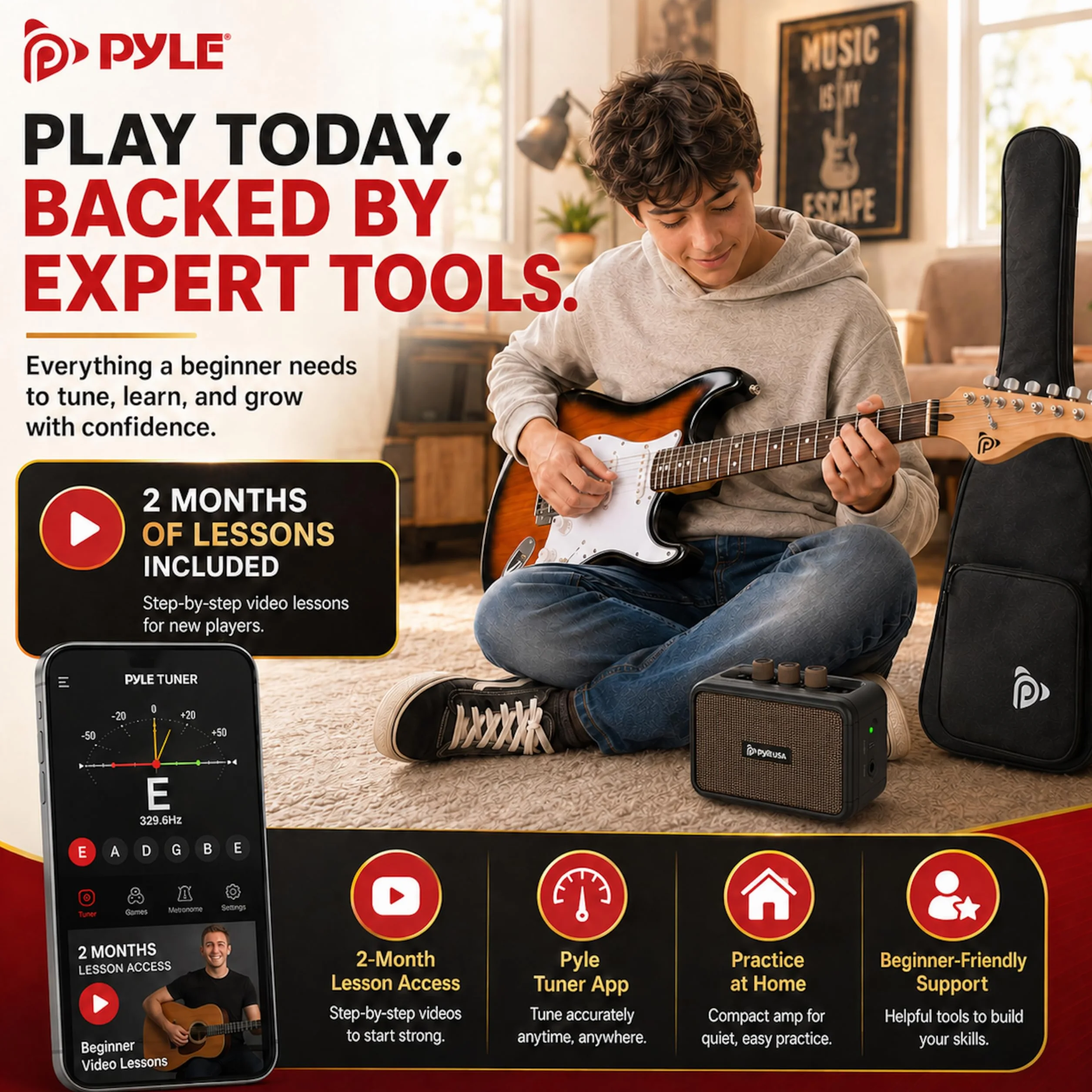 Pyle kit guitarra electrica con amplificador bluetooth portatil, Tamaño completo, Pastillas Humbucker estilo ST, Accesorios incluidos: esctuche, Correa, Cuerdas, Puas, Paño de Limpieza