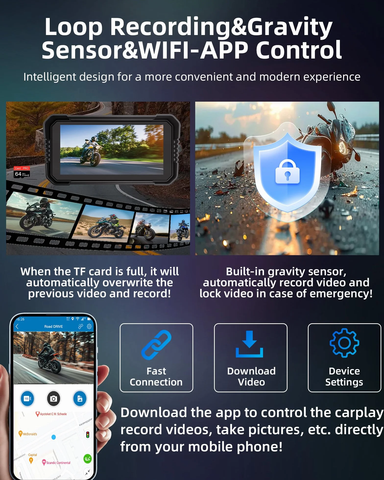 4K Carplay Moto Android Auto GPS Moto Navegador con dashcam Delantera Trasera, 6,25 Pulgadas Pantalla Moto TáCtil IP67 Impermeable Doble Bluetooth Siri/Goo.gle Assistant