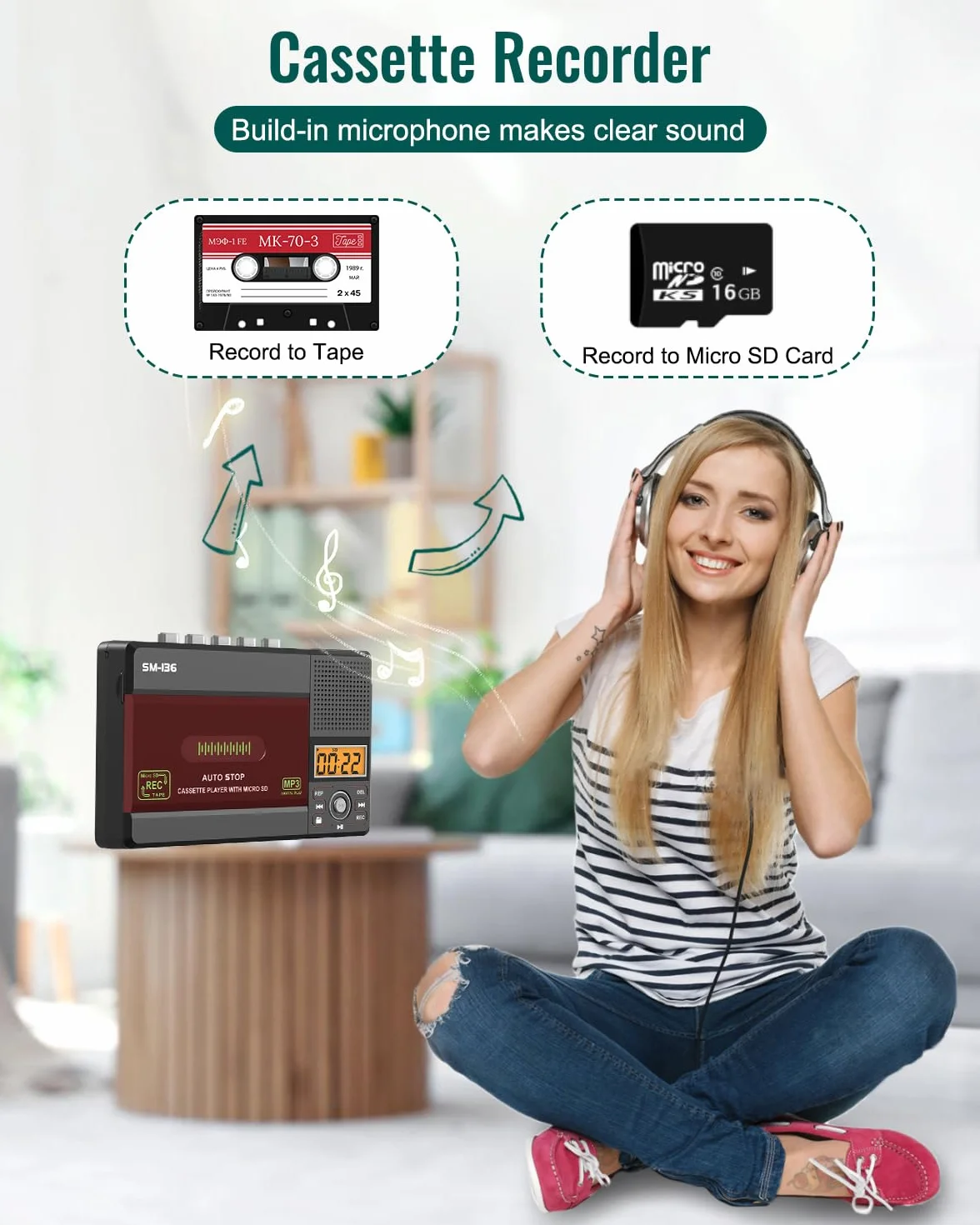 SEMIER Reproductor de Cinta de Casete Pequeño USB C SD Convertidor Digital Audio a MP3 Grabación Micrófono Pantalla LCD Altavoz