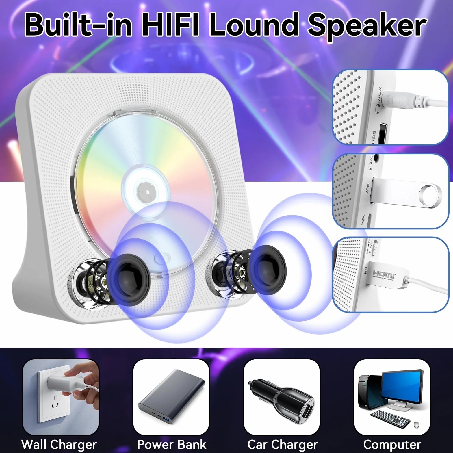 Qoosea Reproductor de DVD para TV con Bluetooth Reproductor de DVD y CD de Escritorio con Altavoces Pantalla Reloj Despertador Radio FM Reproducción de Tarjeta USB, Control Remoto e Cable HDMI(Blanco)