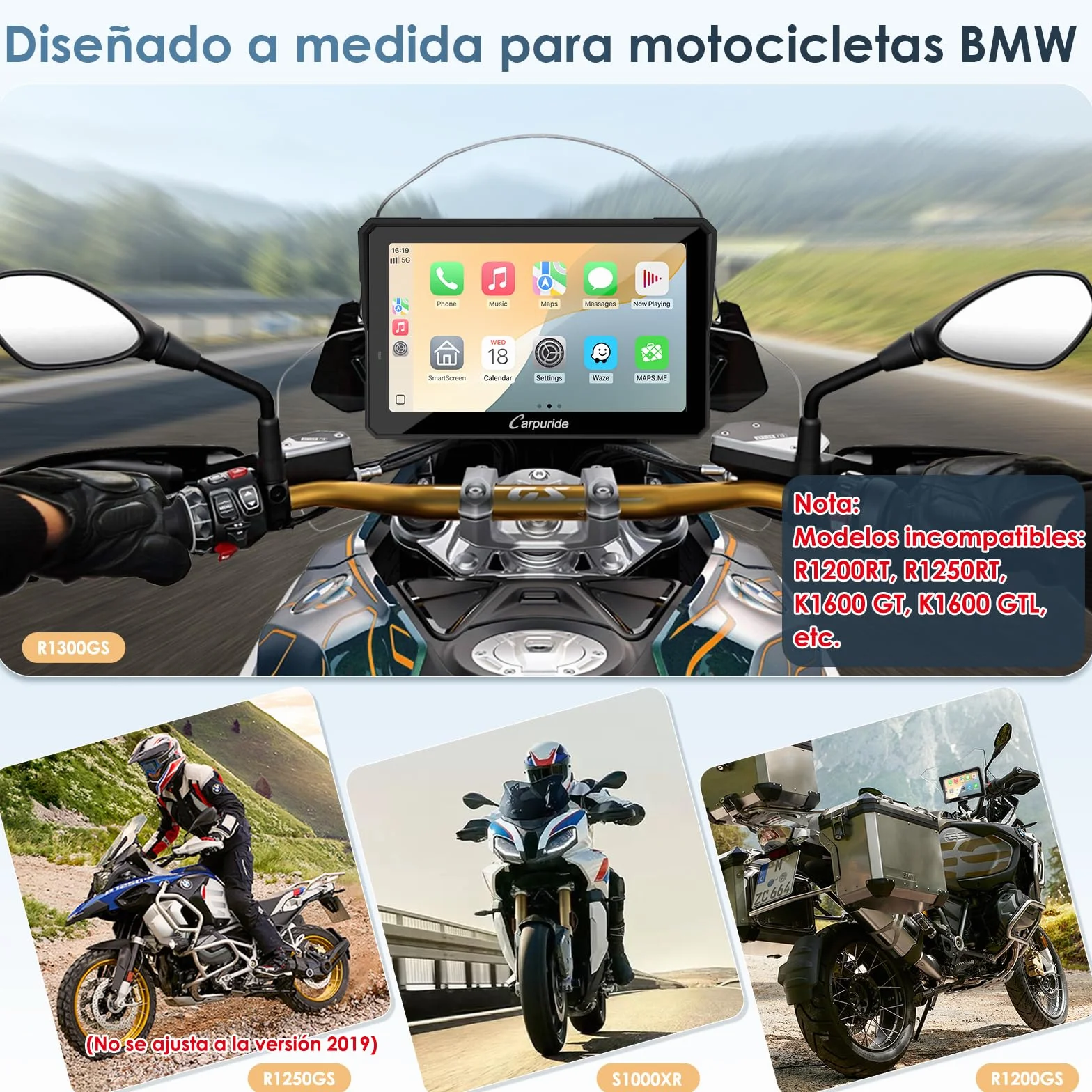 Carpuride W702BS Pro Motocicleta Carplay Pantalla 7" Impermeable táctil Inalámbrico CarPlay Android Auto Dual Bluetooth Intercomunicador