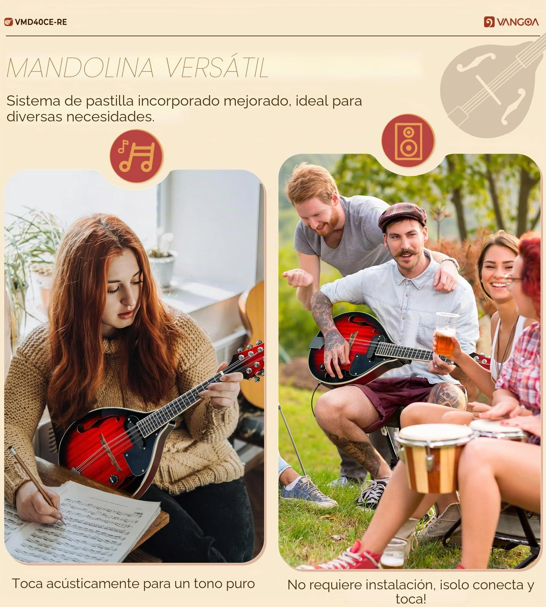 Vangoa Mandolina Eléctrica Acústica de Estilo A Instrumento de Mandolina para Principiantes Caoba Rojo con Bolsa de Concierto, Púas, Correa de Sintonizador de Cuerdas