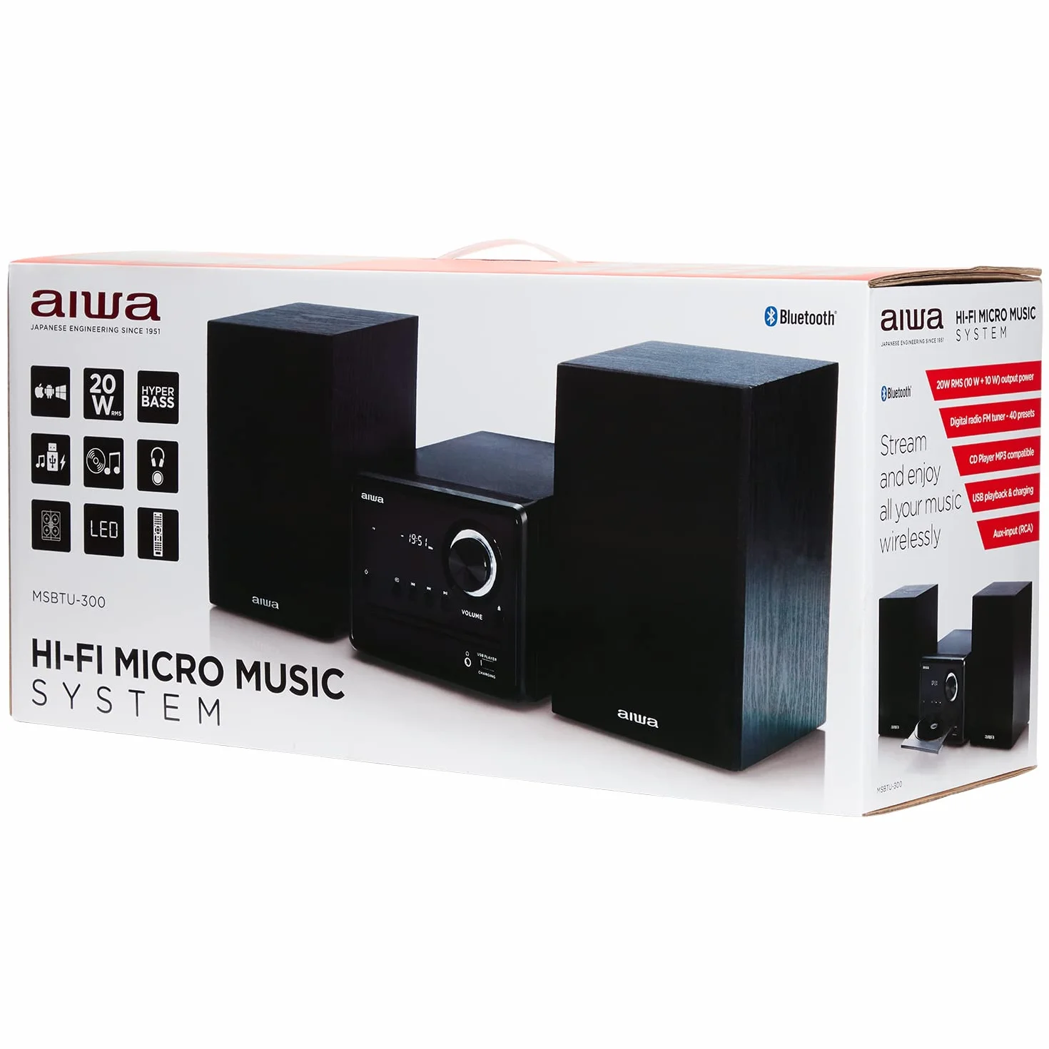 AIWA MSBTU-300MKII Microcadena HiFi Bluetooth 20W RMS, Equipo de Música con CD MP3, USB, Radio FM, Entrada Óptica, AUX RCA, Salida Auriculares, Mando a Distancia, Negro