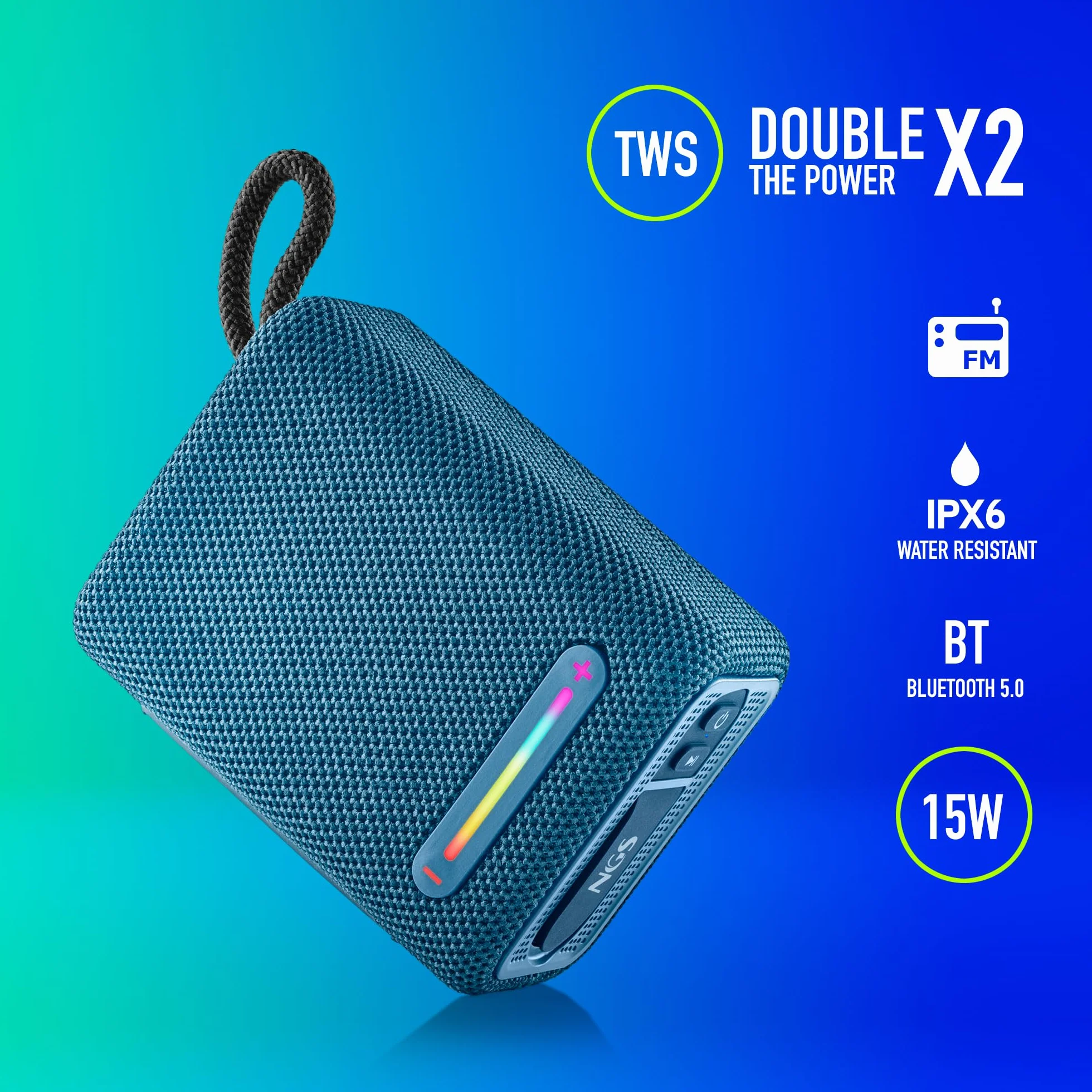 NGS Roller Furia 1 Blue - Altavoz Portátil Compatible con Tecnología Bluetooth, Luces RGB, Impermeabilidad IPX6, 15 W, True Wireless, USB, Duración Batería 9 Horas, Azul