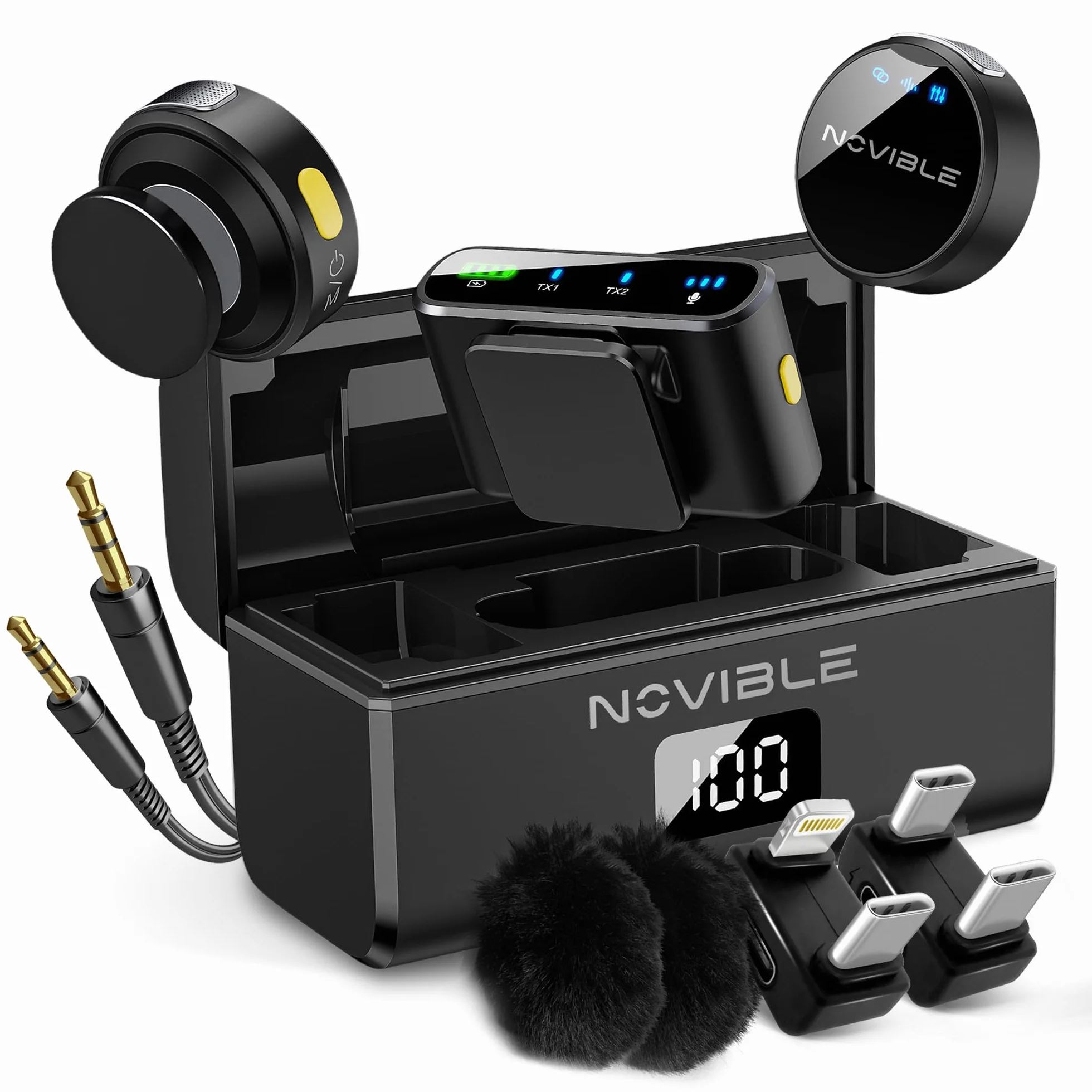 Micrófono Inalámbrico para iPhone, Android USB-C y Cámara, Micro de Solapa para 2 Personas y Móvil, Mini Micrófono 48 kHz/24 bits, Estuche de Carga 25 h, Reducción de Ruido, Adaptadores, Vlog YouTube