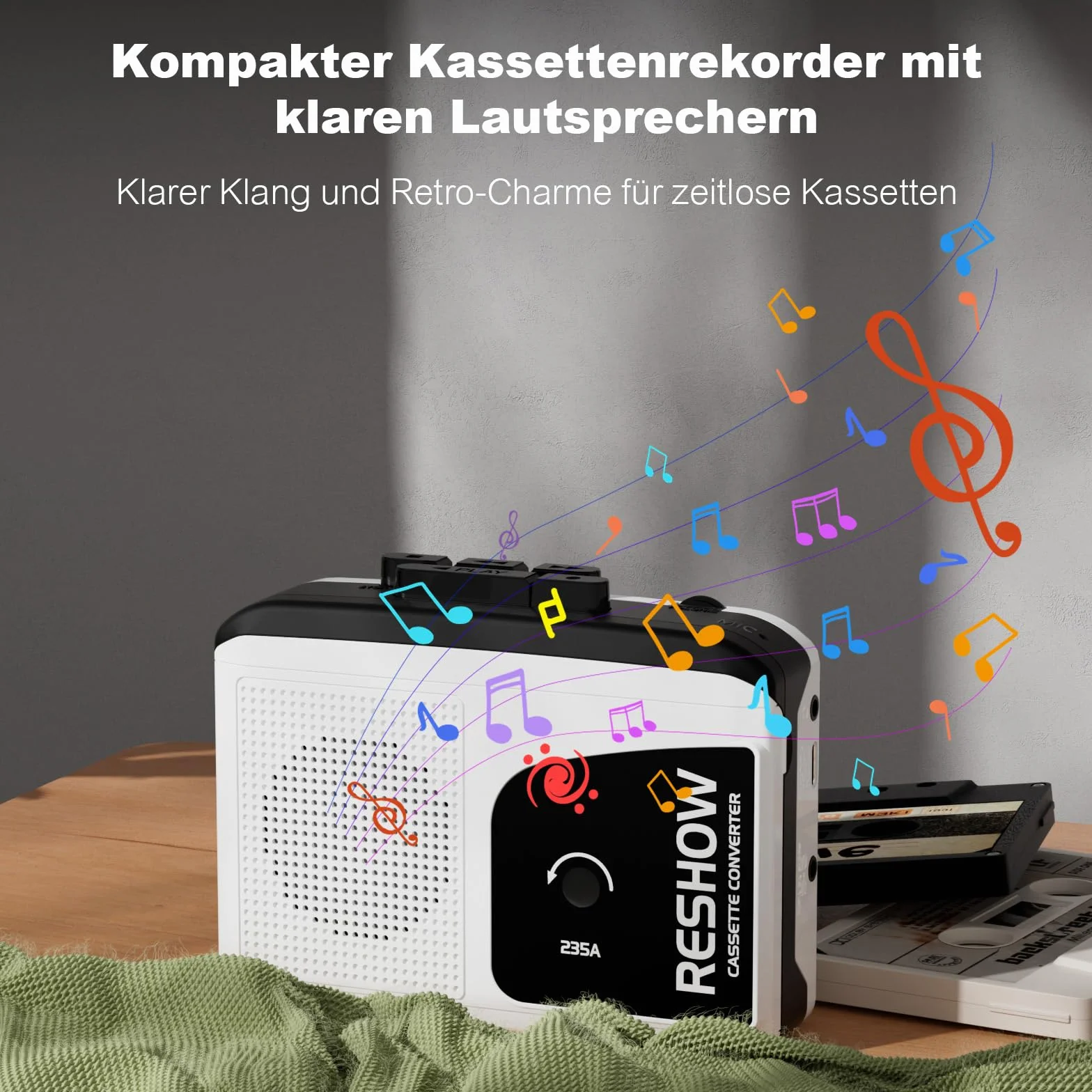 Reshow Grabadora de casete portátil USB a MP3, grabación inversa, micrófono integrado, altavoz, auriculares (blanco)