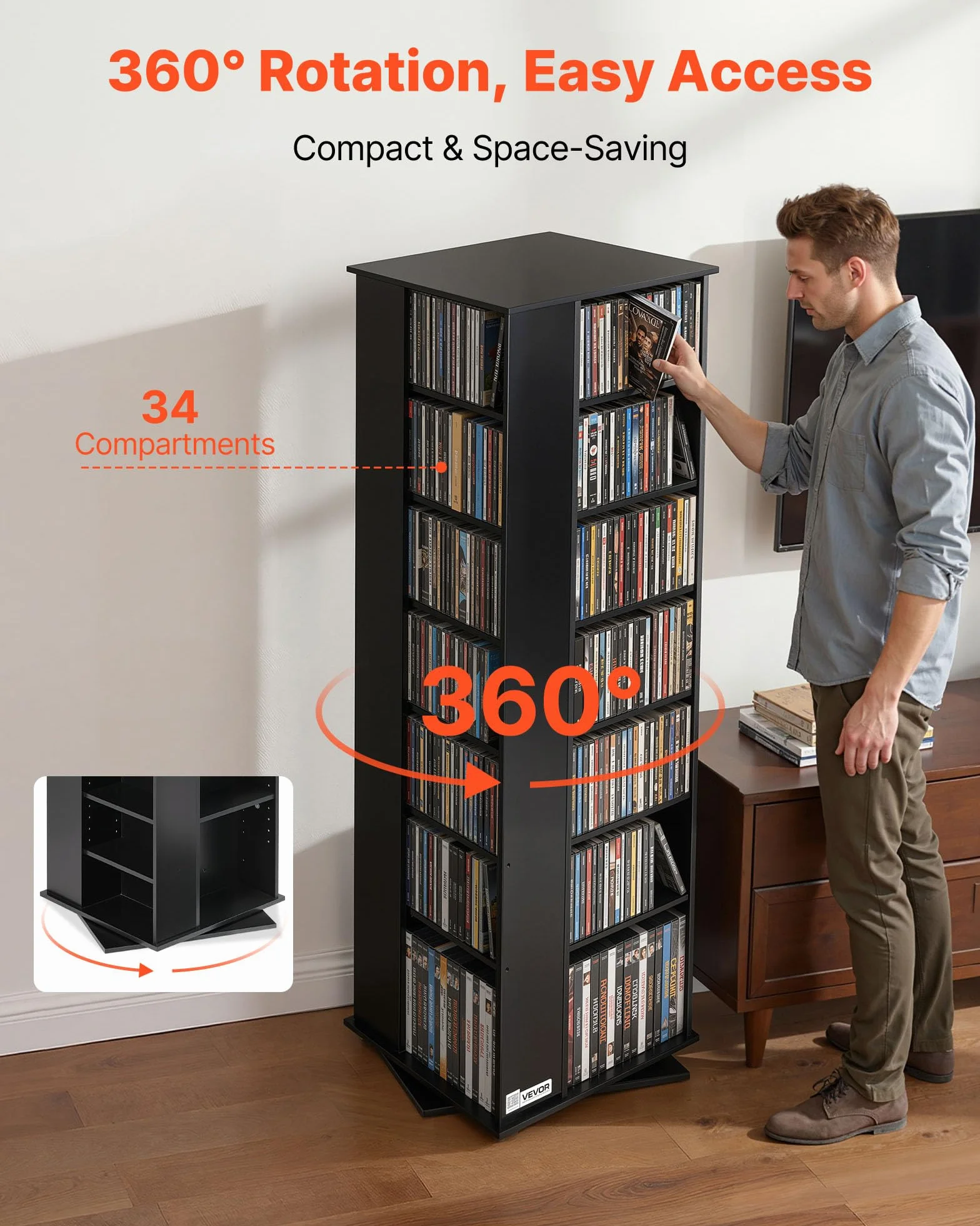 VEVOR Mueble de Almacenamiento Multimedia, Torre para CD, 34 Compartimentos, Giratorio, para CD, DVD, Libros y Discos de Juegos, Ideal para Sala de Estar, Oficina en Casa, Sala de Grabación, Negro