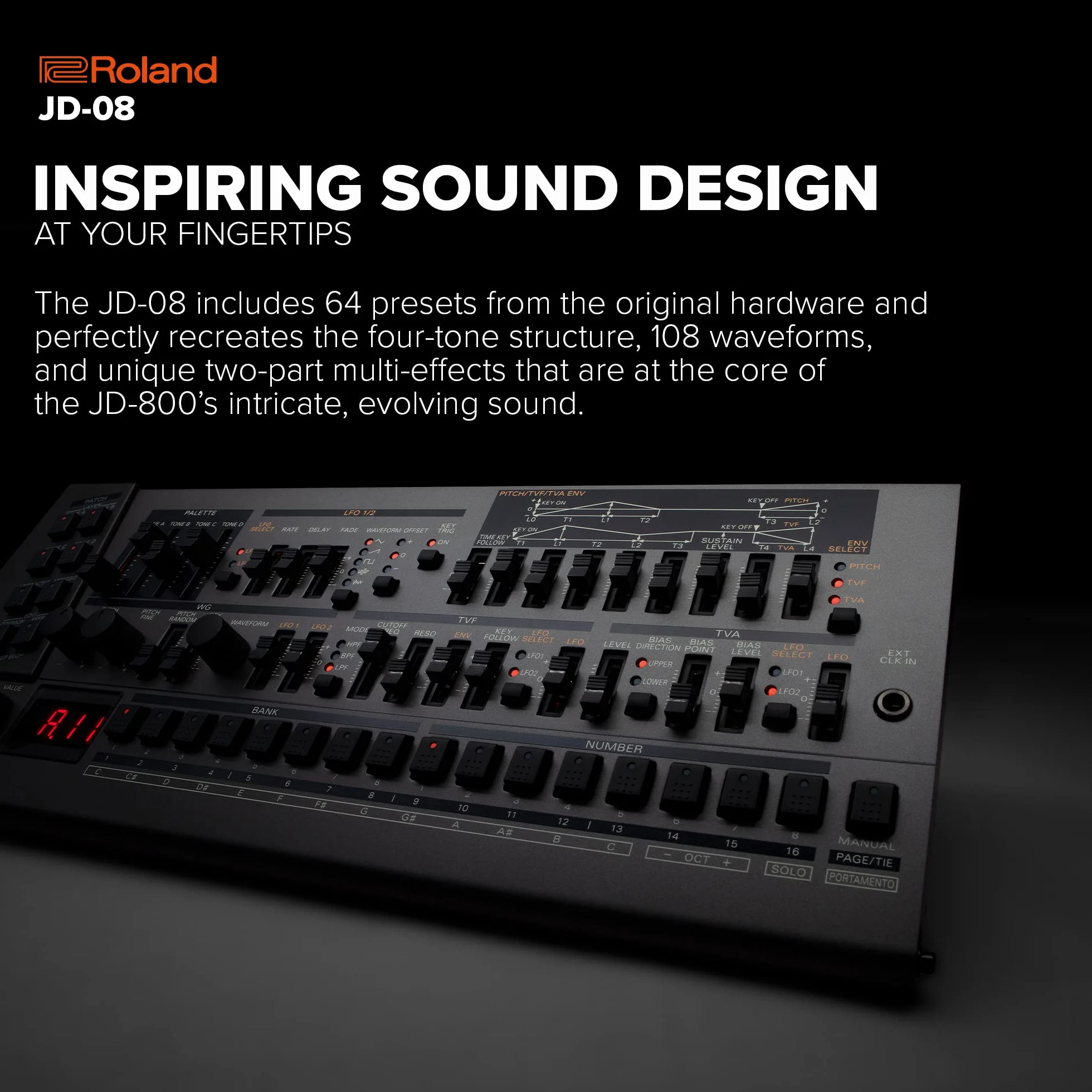 Sintetizador Boutique y módulo de sonido Roland JD-08 – Reedición moderna y compacta del mítico Roland JD-800 de los 90 con nuevos efectos, secuenciador polifónico y más – Ligero, portátil