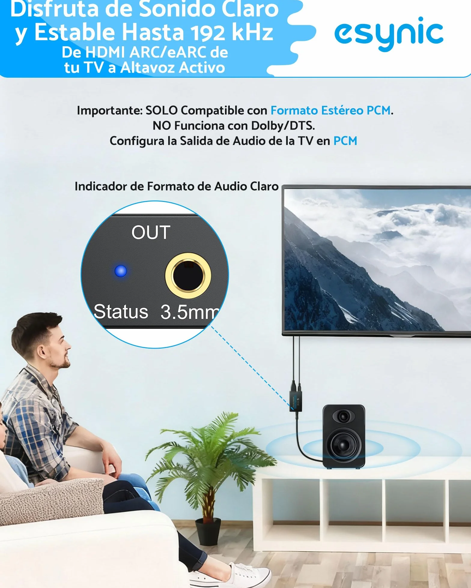 eSynic Extractor de Audio eARC ARC Adaptador HDMI ARC a Jack 3.5mm Convertidor de Audio PCM Estéreo para TV Compatible con Auriculares con Cable Altavoces Activos y Sistemas de Sonido 3.5mm