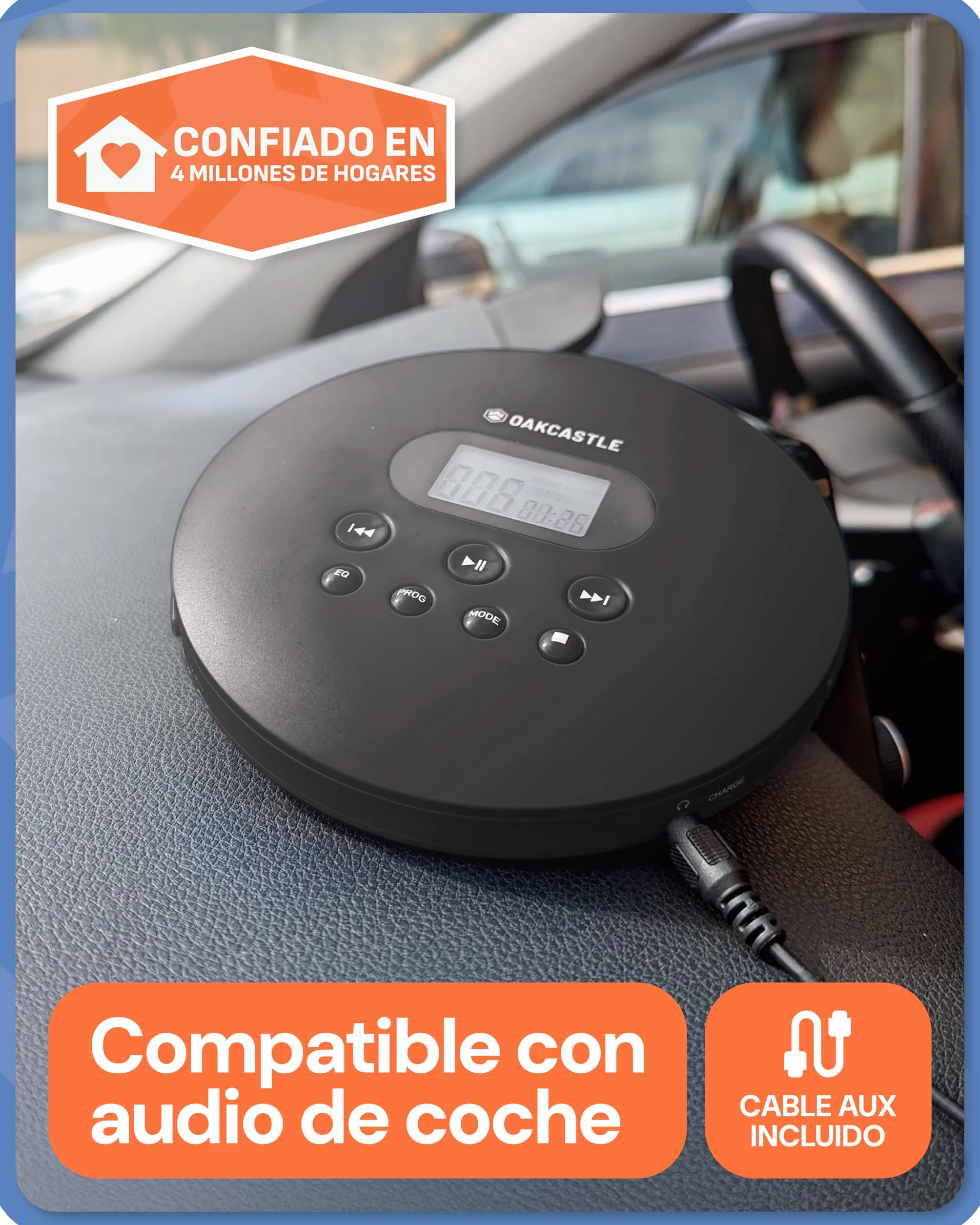 OAKCASTLE CD100 Reproductor de CD Portátil Bluetooth Batería Recargable 12 Horas AUX Auriculares