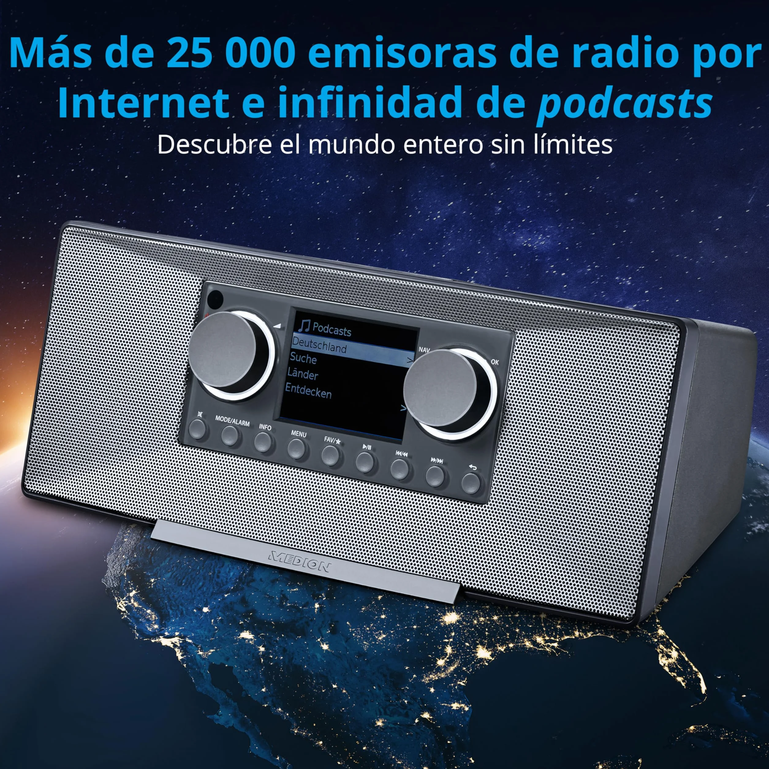 MEDION P85333 Radio por Internet con Dab+ (WiFi, FM, Spotify Connect, Amazon Music, USB, Toma de Auriculares, AUX, Stereo Line-out Cinch, Temporizador de sueño) Gris