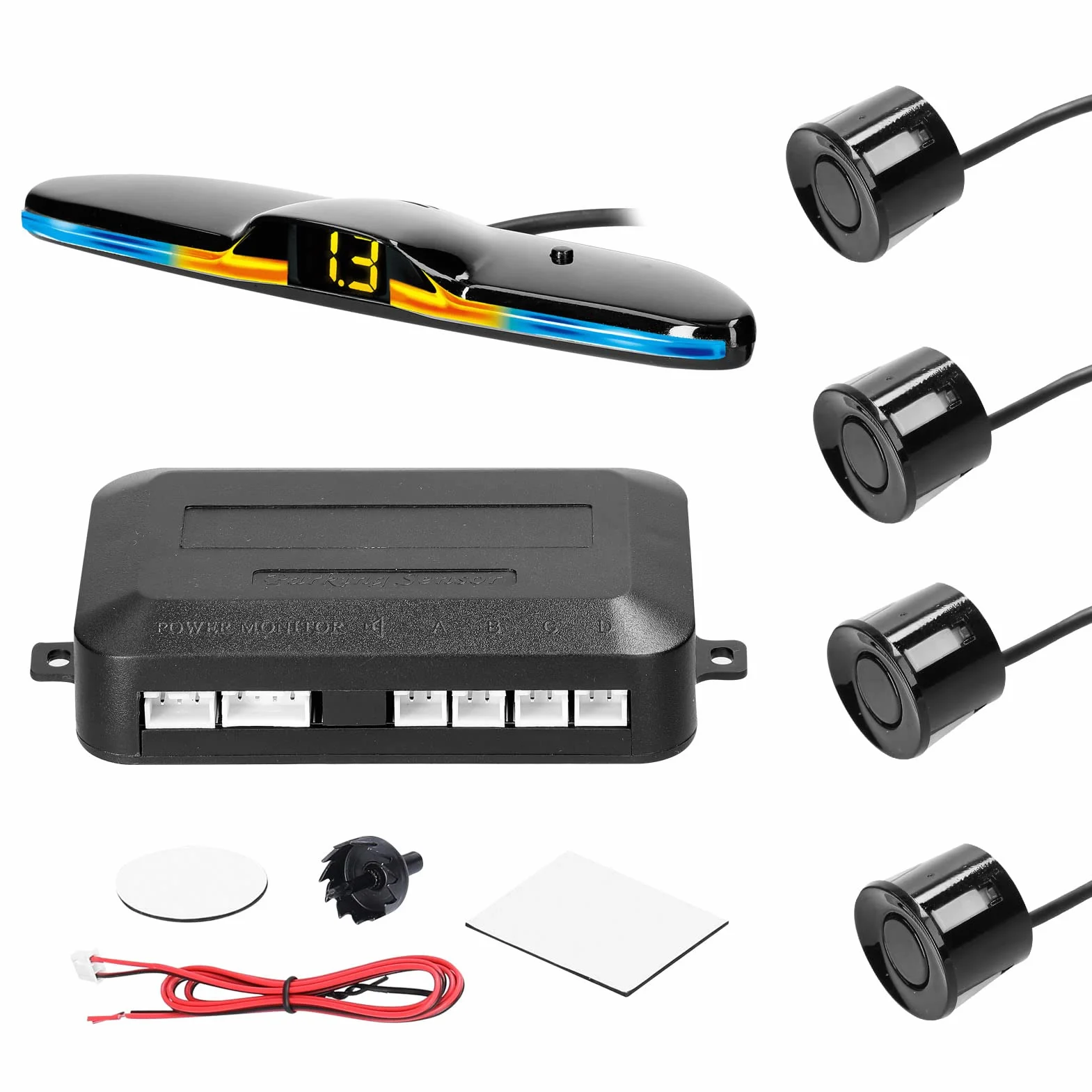 Shkalacar Sensores Aparcamiento Coche, Aparcamiento Coche Kit con 4 Sensores, Sensor Aparcamiento Coche Detección de Distancia, Luz LED, Zumbador de Advertencia de Sonido Negro/Blanco