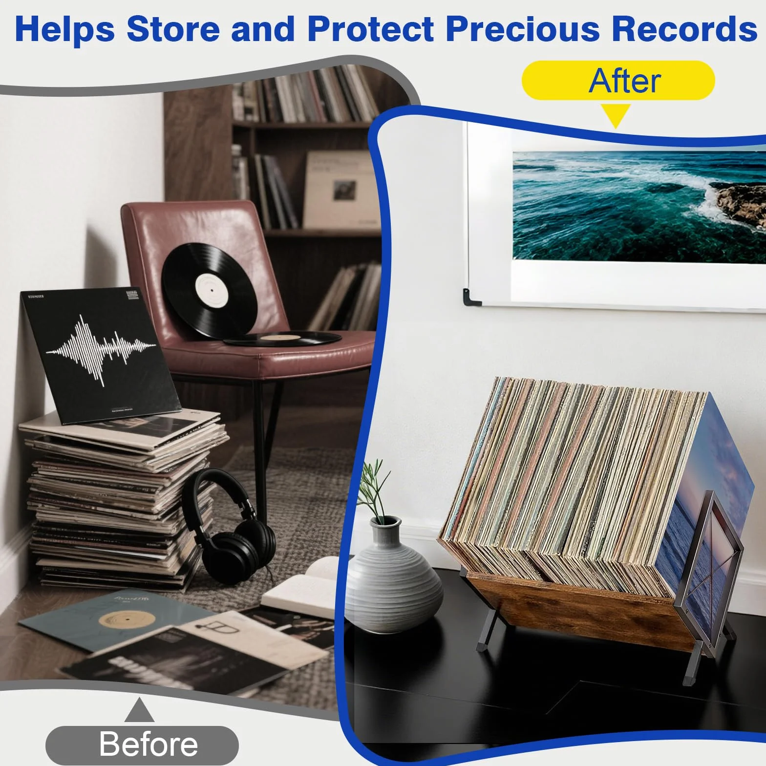 Soporte Para Discos de Vinilo, 80-100 LP Expositor Discos Vinilo, 40 x 30 x 30 cm, Estante de 1 Nivel Con Separador Antideslizante, Organizador Para CD, Álbumes, Revistas y Libros