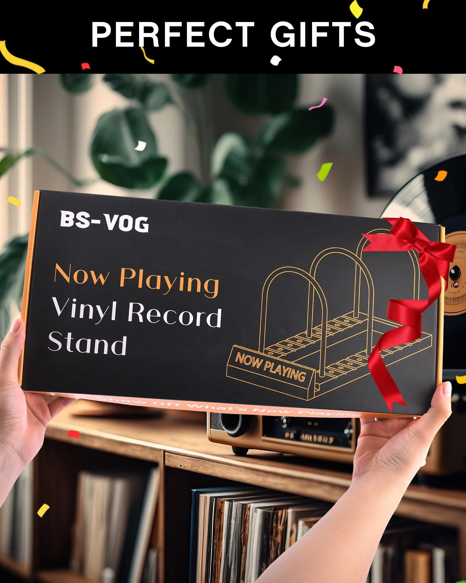 BS-VOG Now Playing - Soporte Para Discos De Vinilo, Almacenamiento De Discos De Vinilo De 50 LP Con Ranuras Antideslizantes, Soporte Giratorio Para Discos De Vinilo Para Álbumes, Revistas, Organizador