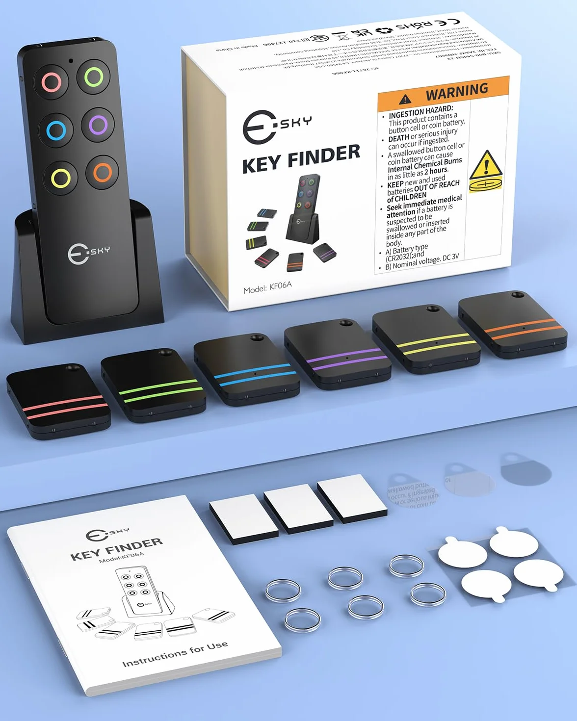 Esky Localizador de Llaves, Buscador de Llaves ES-KF02 Localizador Inalámbrico de Llaves con Base de Soporte y LED Control Remoto 1 Radio Frecuencia Transmisor 4 Receptores-Negro