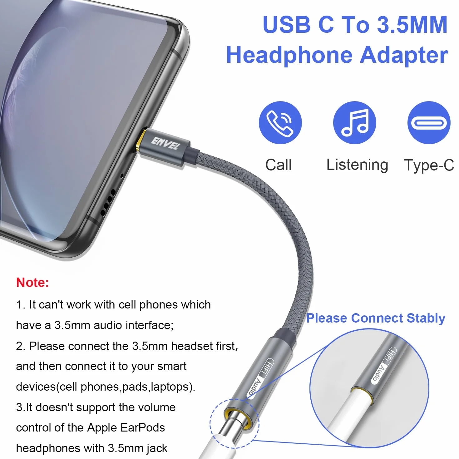 Adaptador USB C a jack 3,5 mm, cable auxiliar compatible con iPhone 15 Pro Max, Samsung Galaxy S23, iPad Pro