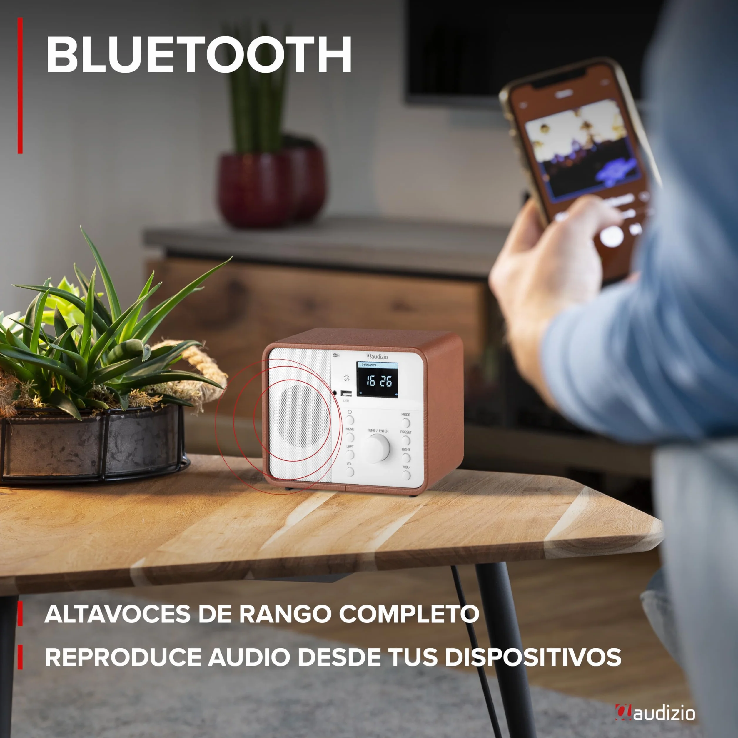 Audizio Nardo Radio Digital Dab con Bluetooth, WiFi Radio, Mando a Distancia, USB MP3 Playback, Dab Internet Radio, 32,000 Emisoras, Dab+/FM, 250 Presintonías - Blanco/Madera