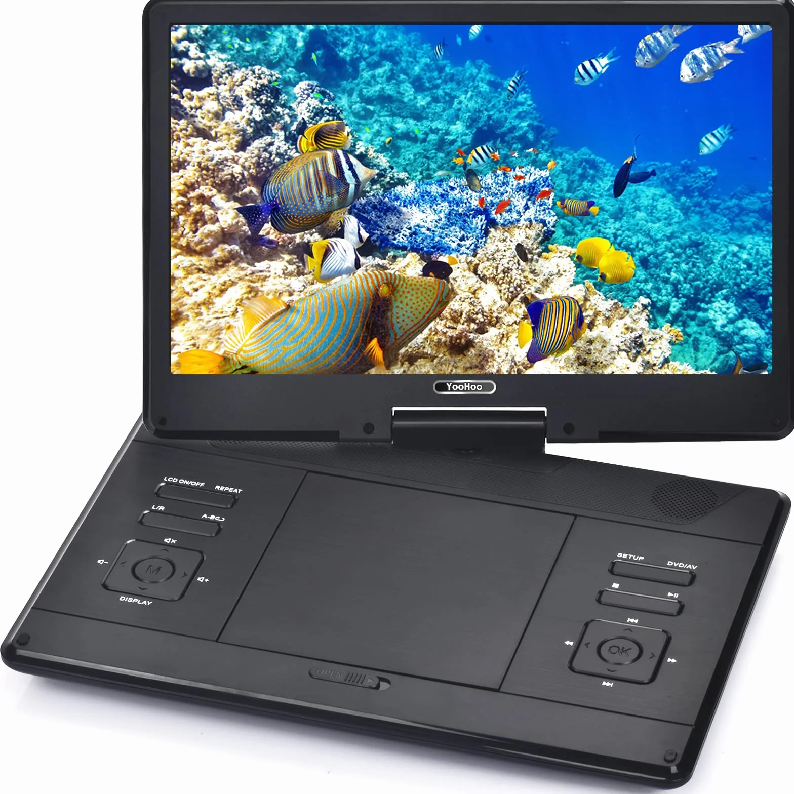 YOOHOO Reproductor de DVD portátil de 16,9 Pulgadas con Pantalla Grande giratoria de 14,1 Pulgadas, Reproductor de DVD portátil con batería Recargable, de móvil para niños,Negro