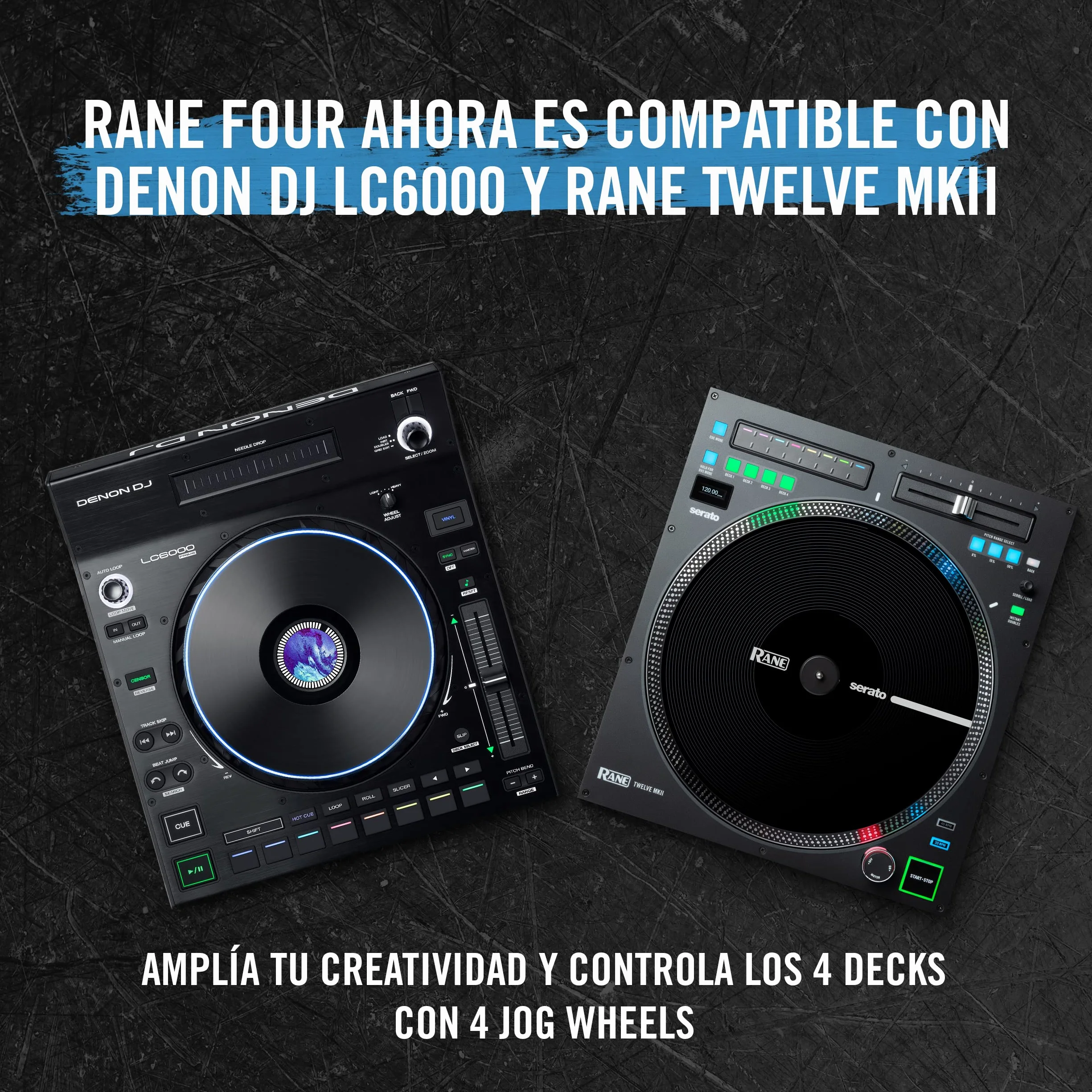 RANE FOUR Controlador DJ Stems Avanzado, 4 Canales, Jog Wheels de 8.5 Pugadas + Displays, Mezclador DJ con FX Internos, Serato DJ Pro + Pitch 'n Time DJ