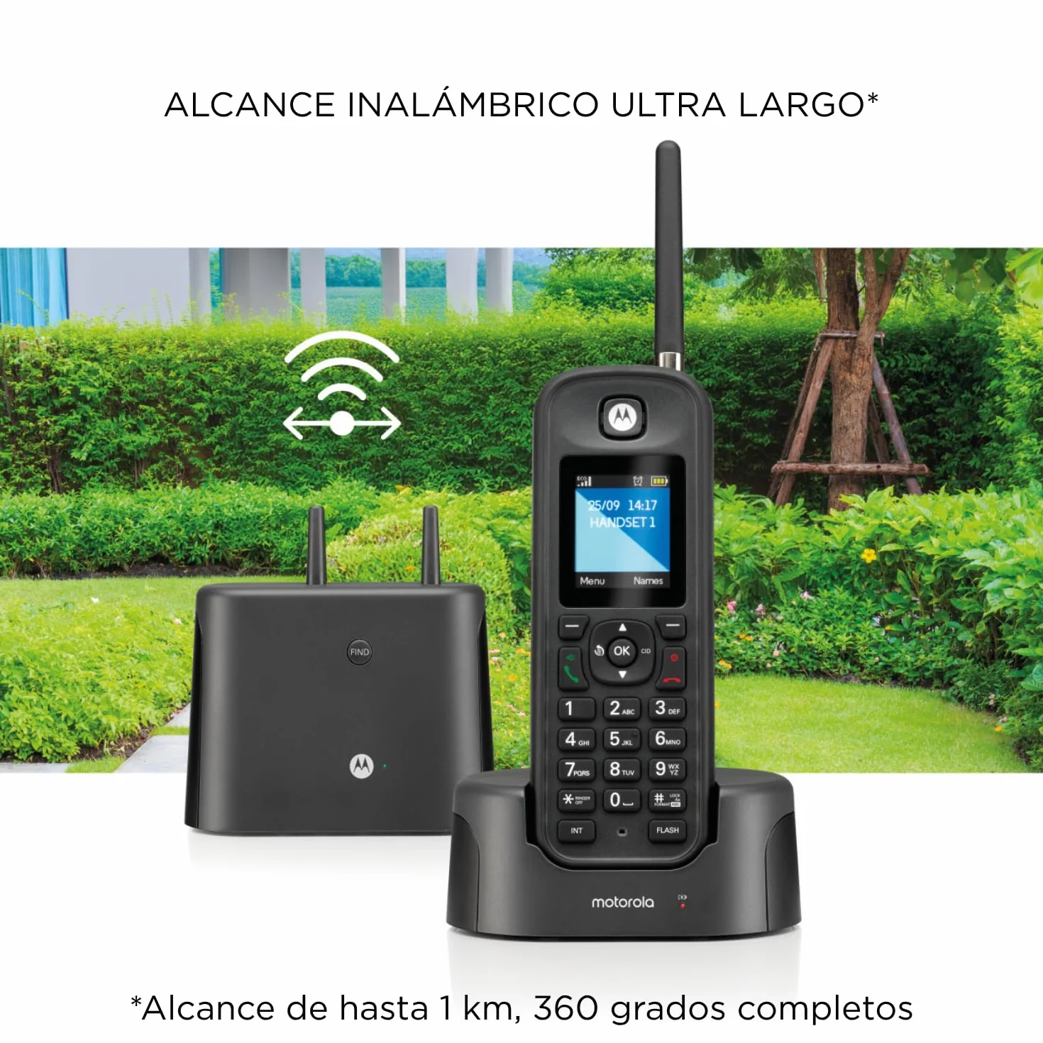 Motorola - O201 Teléfono Fijo Inalámbrico DECT, Identificador de Llamadas, Retroiluminación, Agenda 200 Números, Largo Alcance, Manos Libres, Ideal para Uso Exterior, Negro