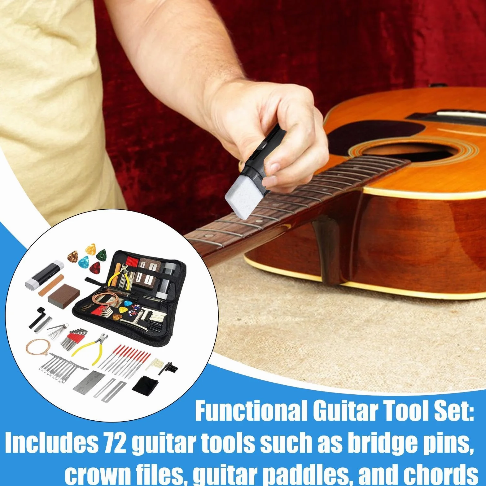 Kits de herramientas de configuración de guitarra, kit de herramientas de guitarra eléctrica | Kit de mantenimiento 72x con de transporte | Accesorios de instrumentos de cadena para músicos, set de