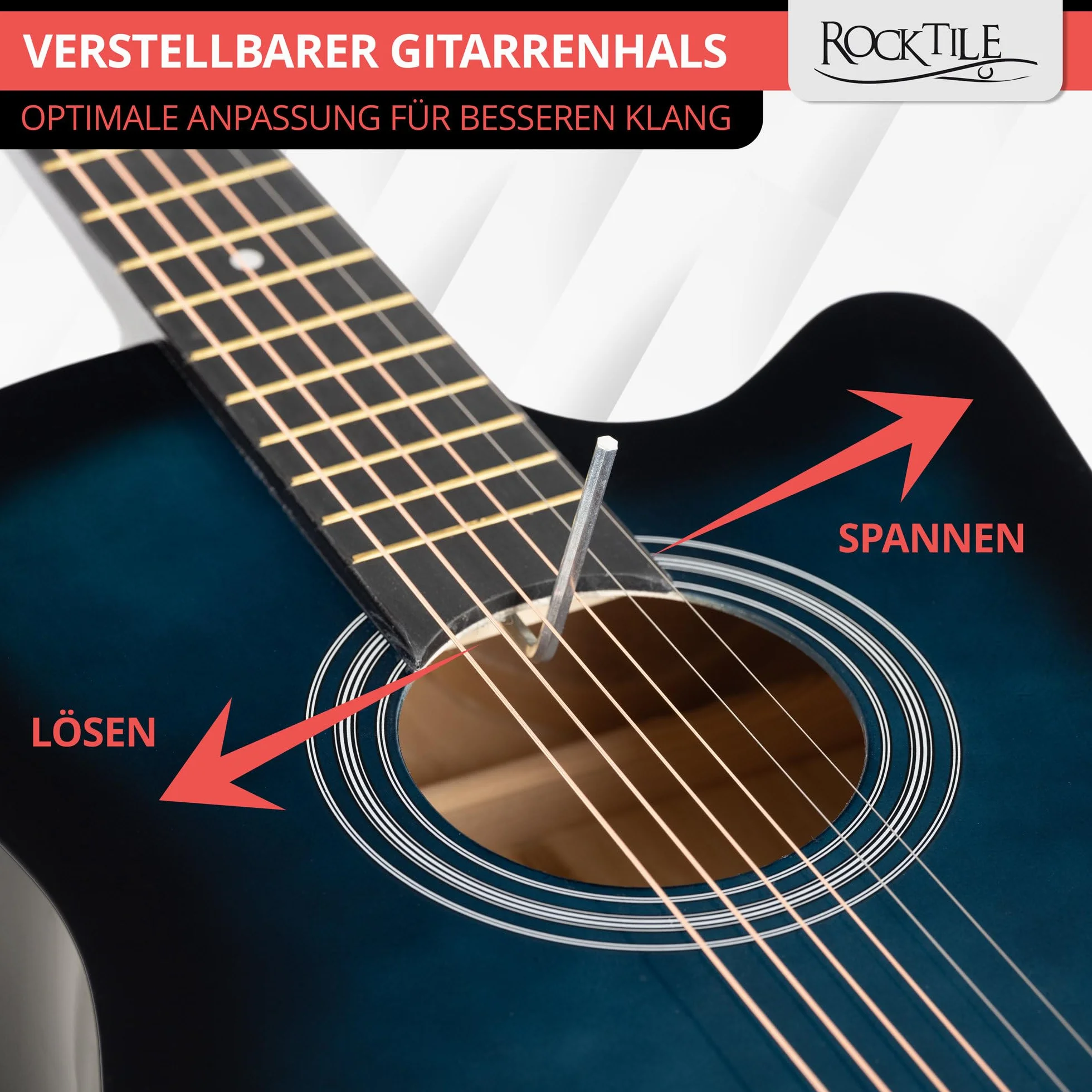Rocktile WSD-5C-BUB Slim Line Set De Guitarras Western - Guitarra Acústica Dreadnought - Cuerpo De Tilo - Mástil: Catalpa - Set Incluye Funda, Cuerdas De Repuesto, Correa Y Púas - Blueburst