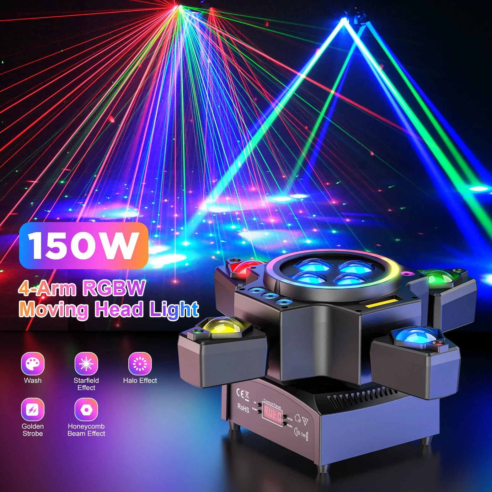 Cabeza Móvil LED 150W con control remoto RGBW Luz de Fiesta Gobos Luces Discoteca DMX Iluminación de Escenario para Bar DJ Disco Bodas Club Cumpleaños