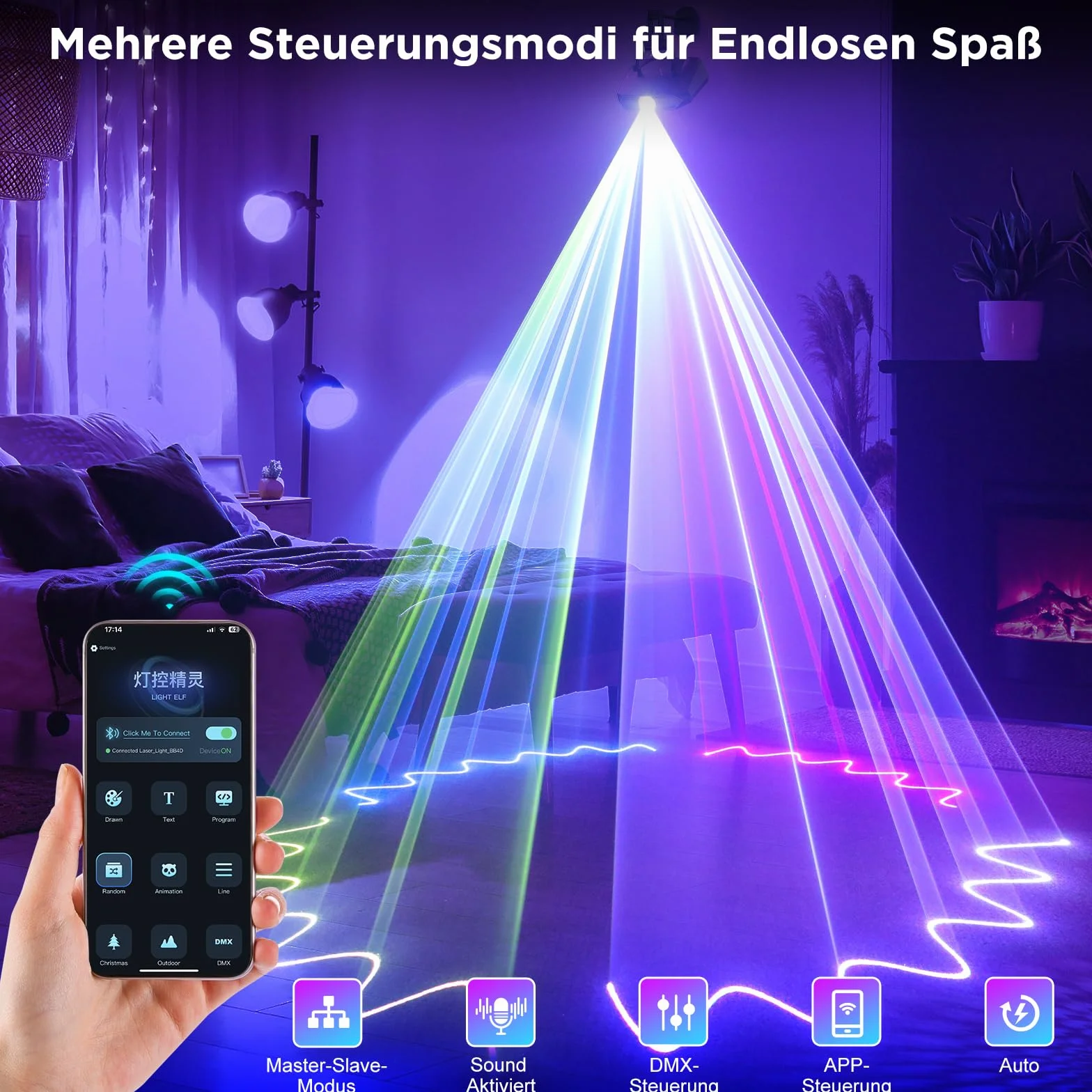 Luz de fiesta, luz de discoteca DIY de animación 3D con aplicación Bluetooth, luz de DJ y DMX512, adecuada para fiestas, clubes, bares, Halloween, Navidad