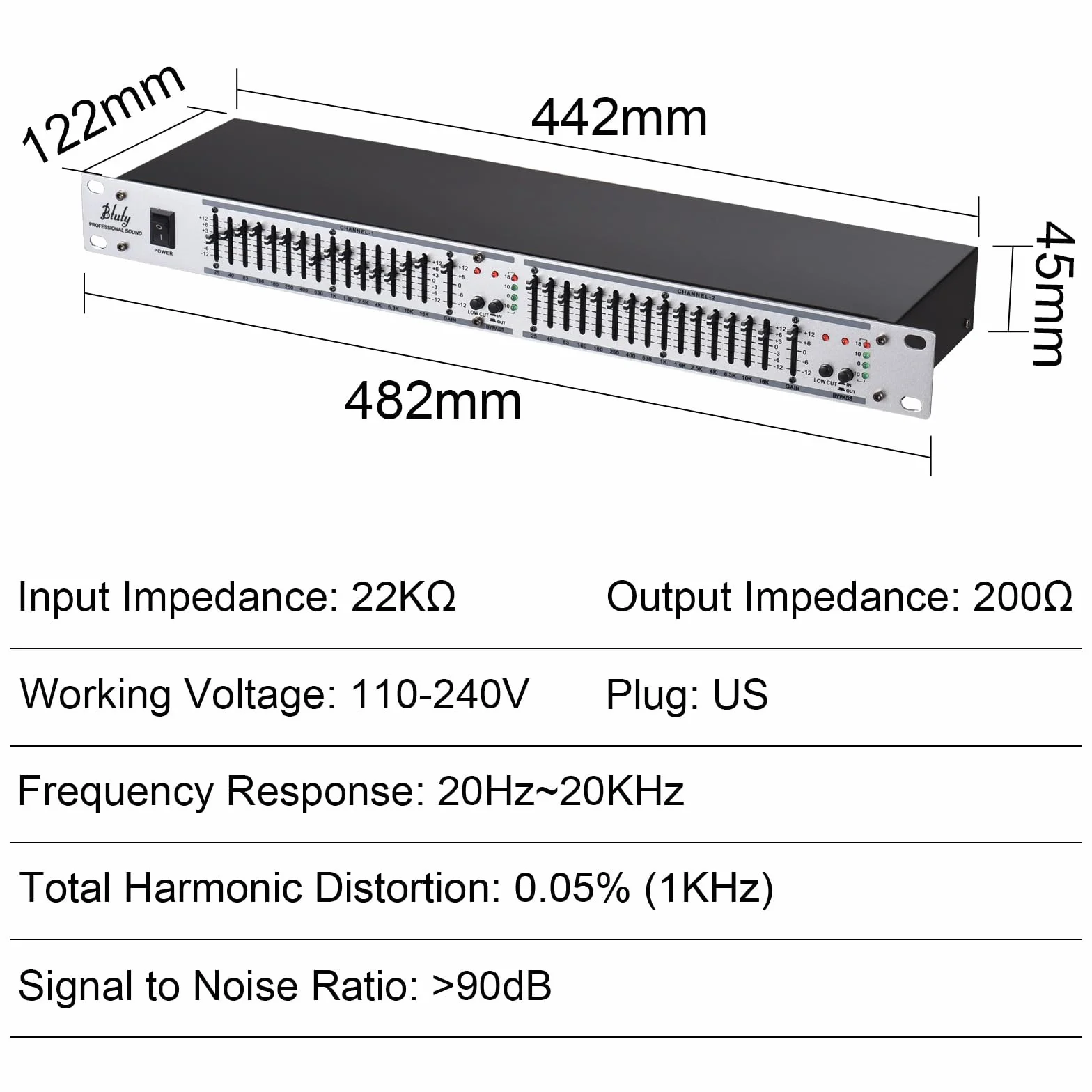 Btuty EQ-215 Dual Channel 15-Band Equalizer 1U Rack Mount 2-channel Stereo Graphic Equalizer