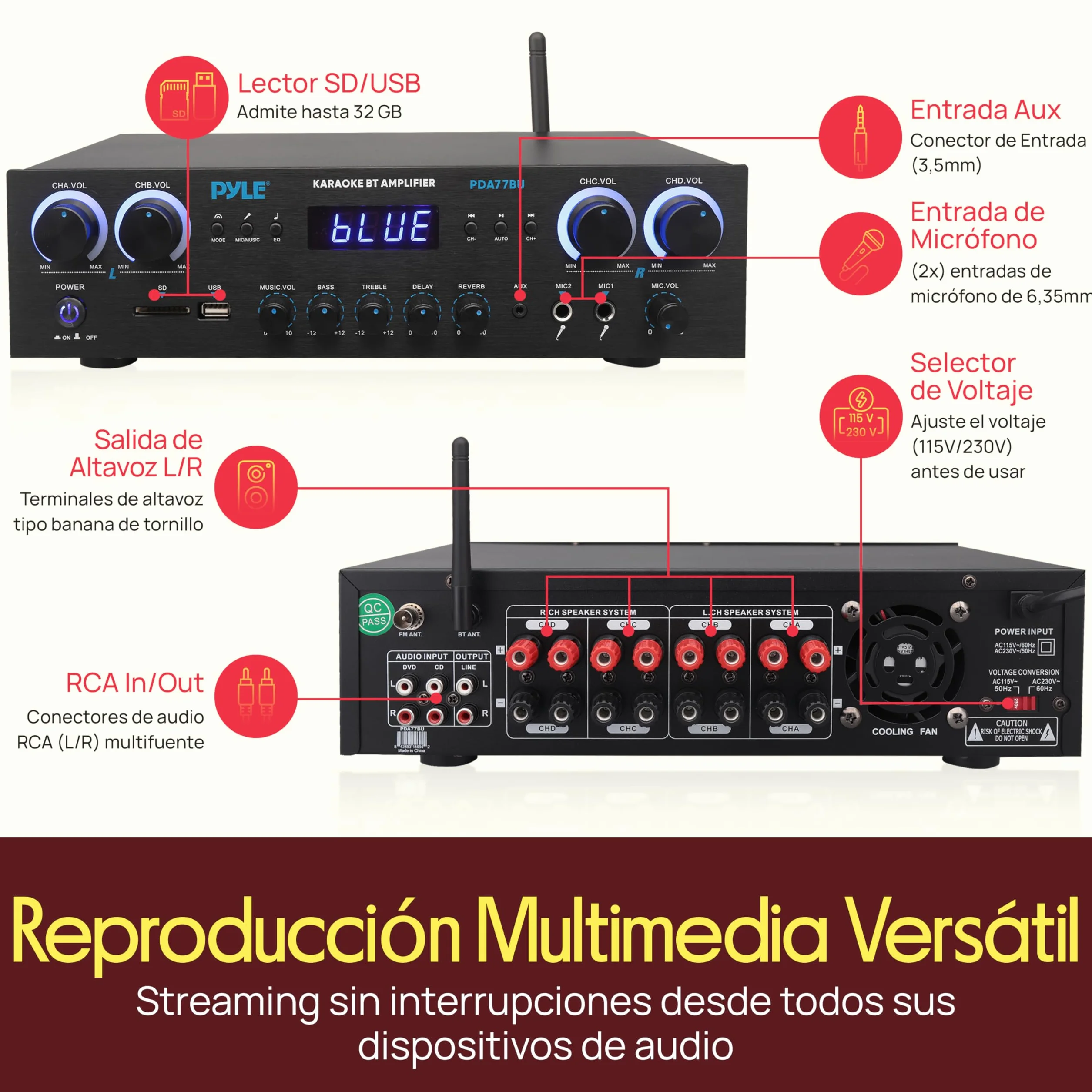 Pyle Amplificador de Sonido, Cine en casa, 800W, Bluetooth, Estereo, para el hogar, 4 Canales, con MP3/USB/SD/AUX/RCA/FM, Microfono, Auriculares, Volumen LED