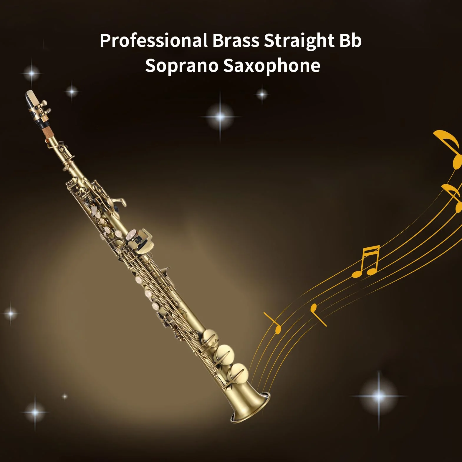 HUIOP Saxofón,Saxofón soprano Bb recto de latón profesional,saxofón niquelado,instrumento de viento de madera,patrón tallado con estuche de transporte,boquilla,kit de limpieza de caña,guantes,correas,